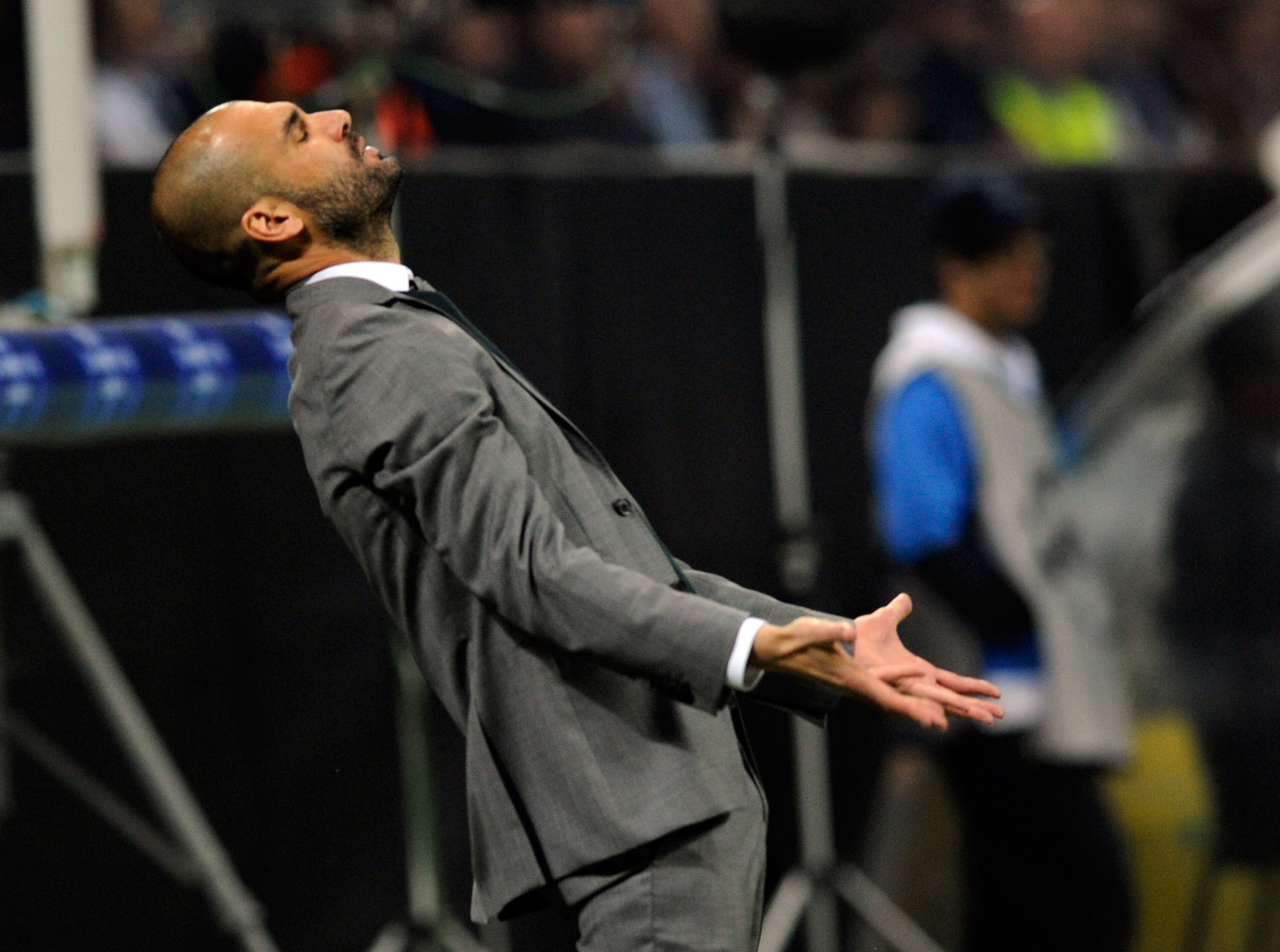 MILAN, ITALY - APRIL 20:  Barcelona head coach Josep Guardiola reacts during the UEFA Champions League Semi Final First Leg match between Inter Milan and Barcelona at Giuseppe Meazza Stadium on April 20, 2010 in Milan, Italy.  (Photo by Claudio Villa/Gett
