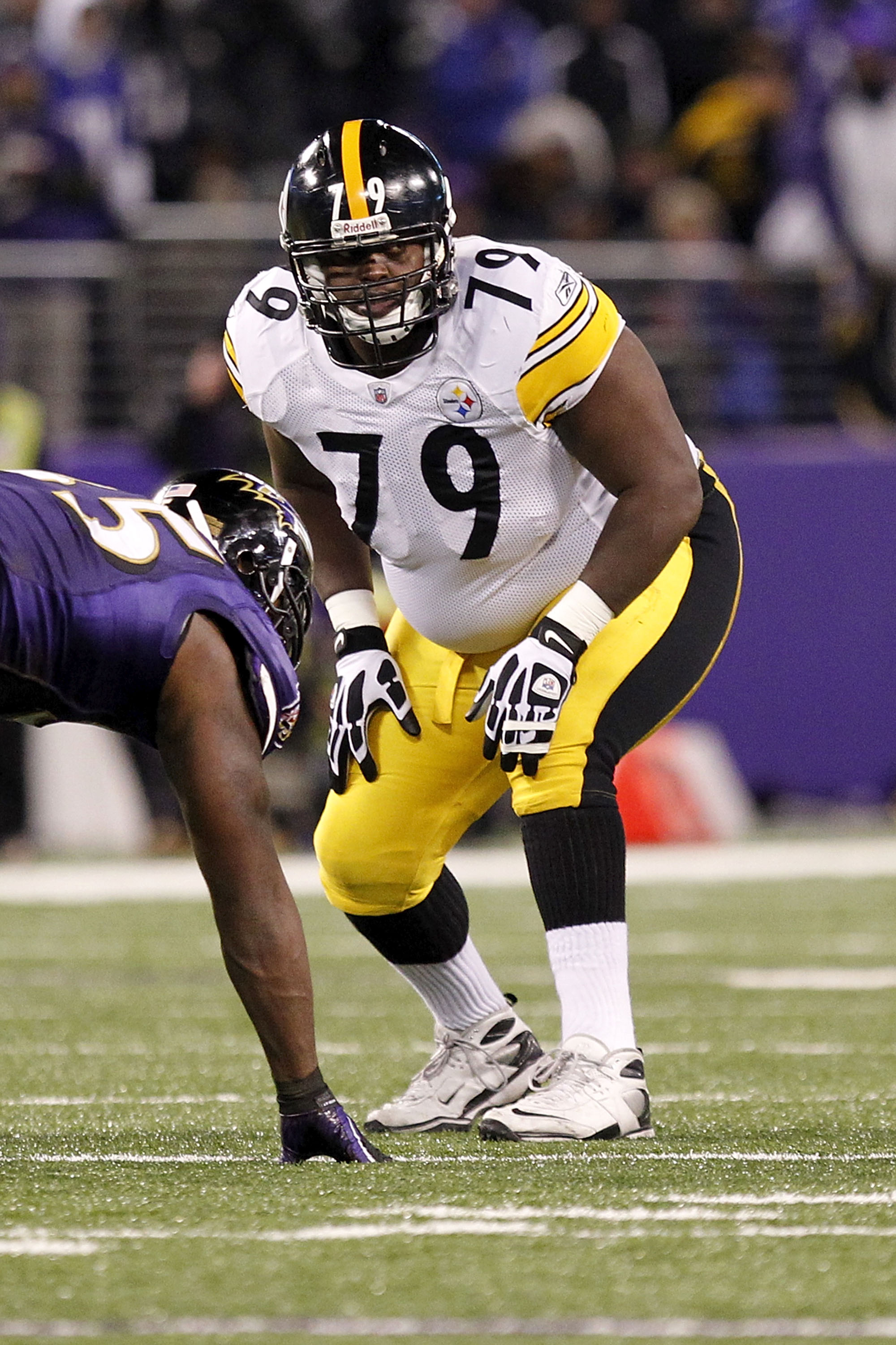 BALTIMORE, MD - DECEMBER 05:  Trai Essex #79 of the Pittsburgh Steelers lines up against the Baltimore Ravens at M&T Bank Stadium on December 5, 2010 in Baltimore, Maryland.  (Photo by Geoff Burke/Getty Images)