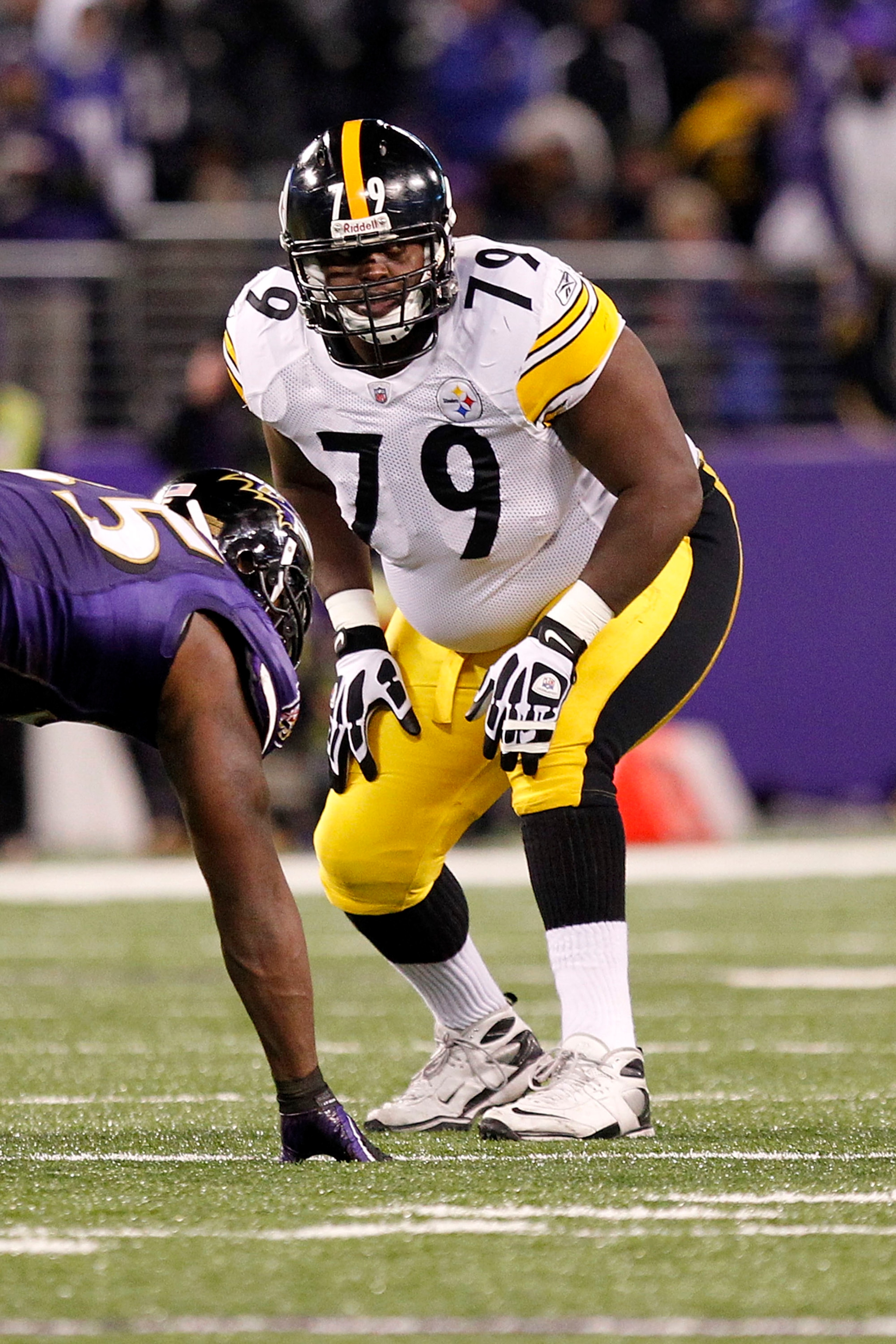 BALTIMORE, MD - DECEMBER 05:  Trai Essex #79 of the Pittsburgh Steelers lines up against the Baltimore Ravens at M&T Bank Stadium on December 5, 2010 in Baltimore, Maryland.  (Photo by Geoff Burke/Getty Images)