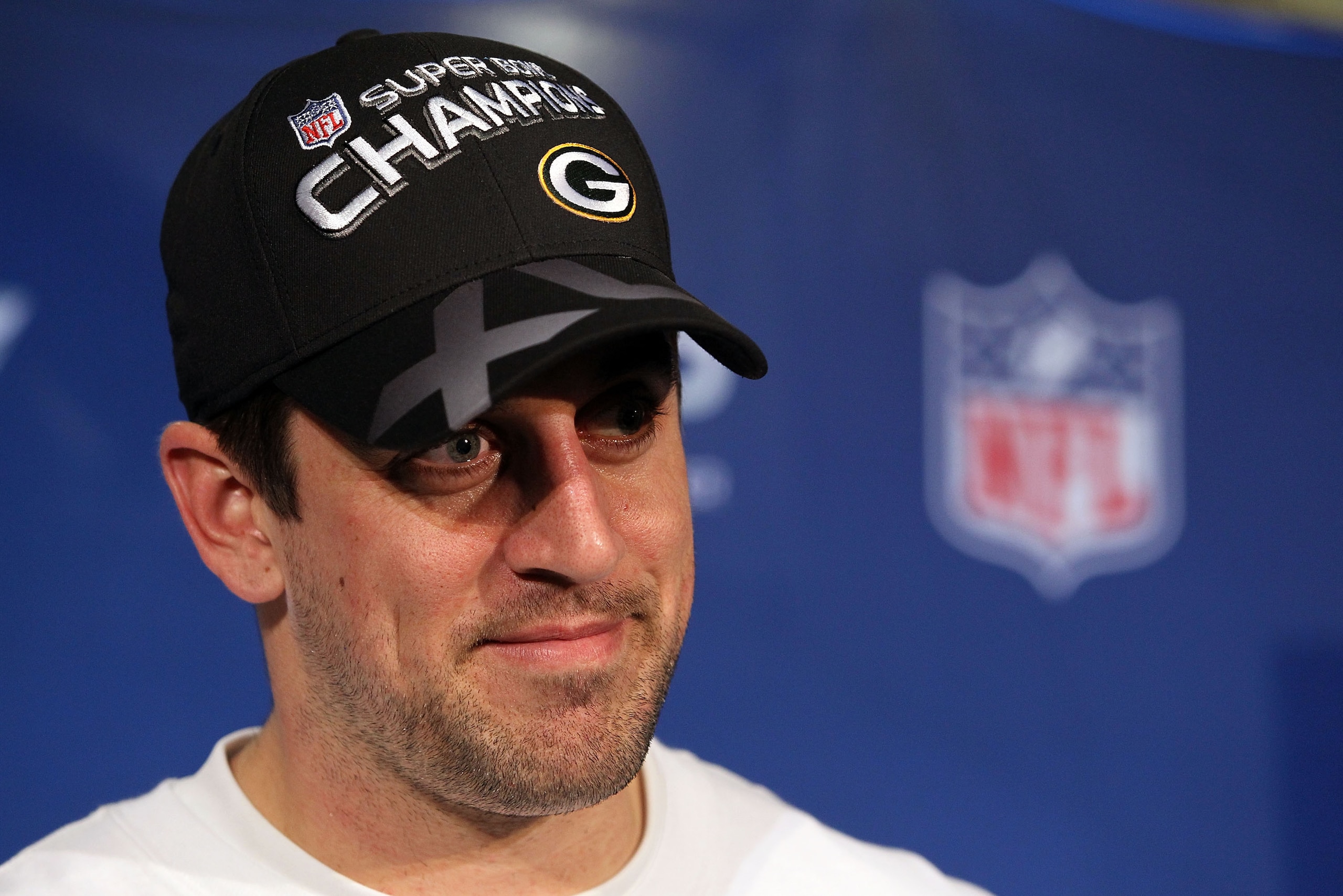 ARLINGTON, TX - FEBRUARY 06:  Super Bowl MVP Aaron Rodgers #12 of the Green Bay Packers is interviewed after they defeated the Pittsburgh Steelers 31 to 25 in Super Bowl XLV at Cowboys Stadium on February 6, 2011 in Arlington, Texas.  (Photo by Ronald Mar