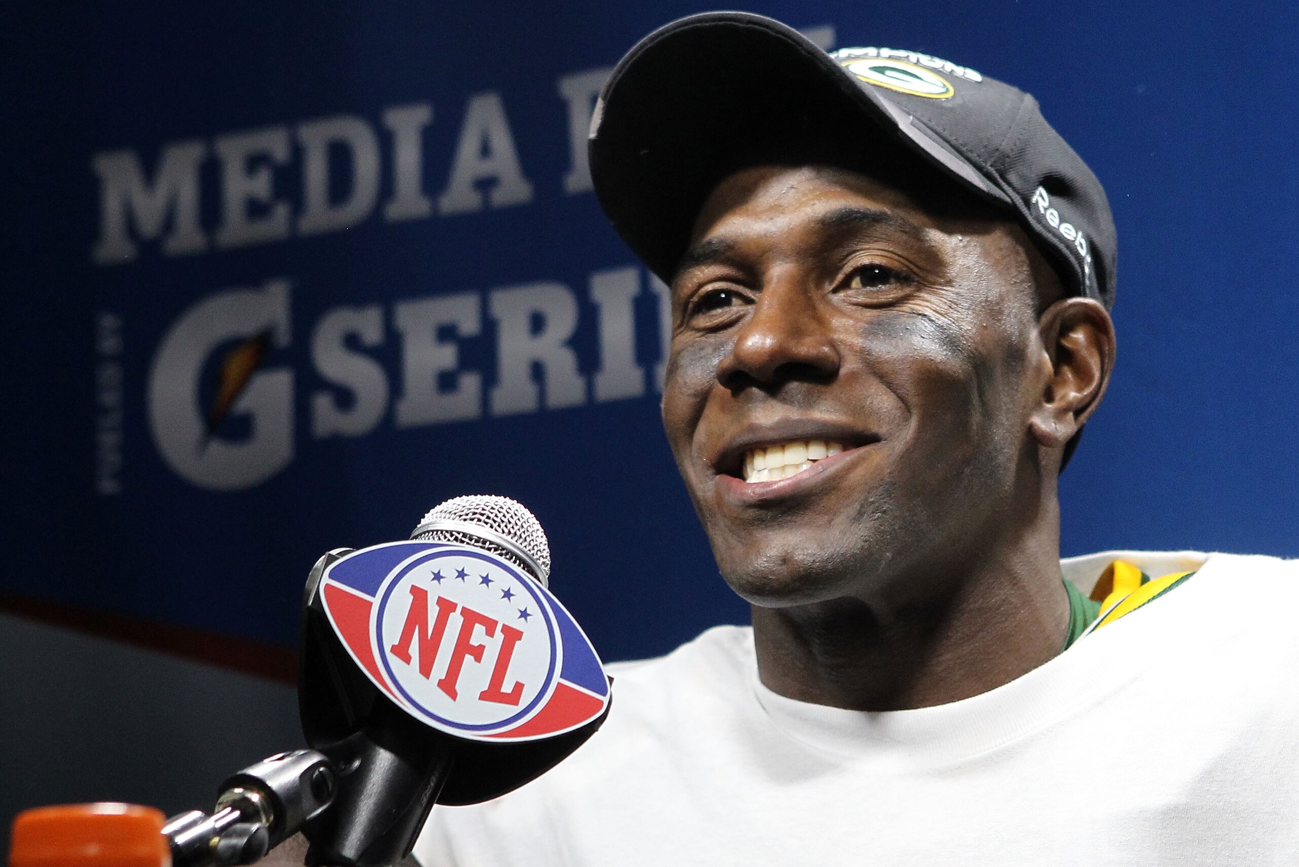 ARLINGTON, TX - FEBRUARY 06:  Donald Driver #80 of the Green Bay Packers speaks to the press after the Packers defeated the Pittsburgh Steelers 31 to 25 during Super Bowl XLV at Cowboys Stadium on February 6, 2011 in Arlington, Texas.  (Photo by Ronald Ma