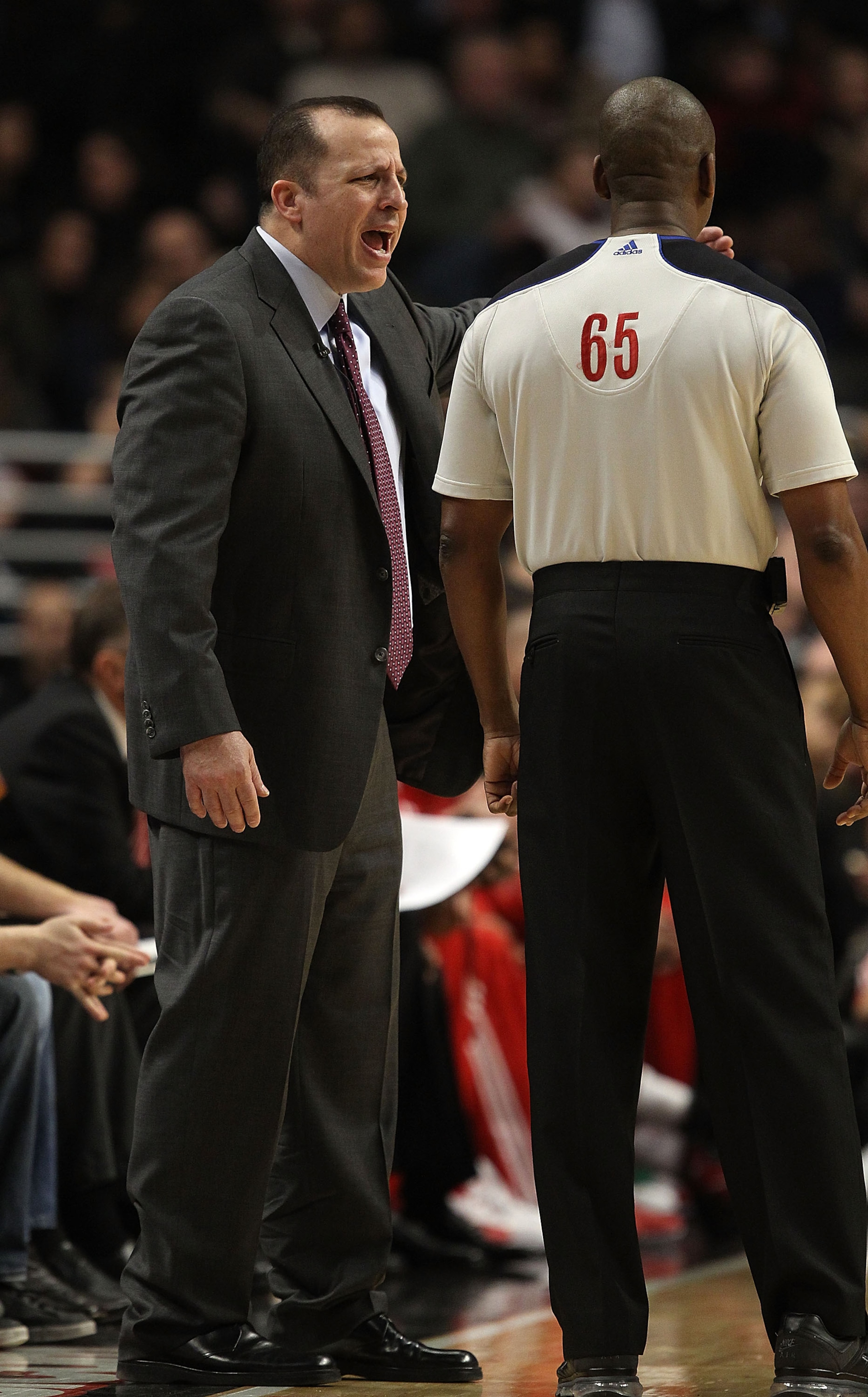 CHICAGO, IL - DECEMBER 10: Head coach Tom Thibodeau of the Chicago Bulls complains about a foul call to referee Sean Wright #65 during a game against the Los Angeles Lakers at the United Center on December 10, 2010 in Chicago, Illinois. The Bulls defeated