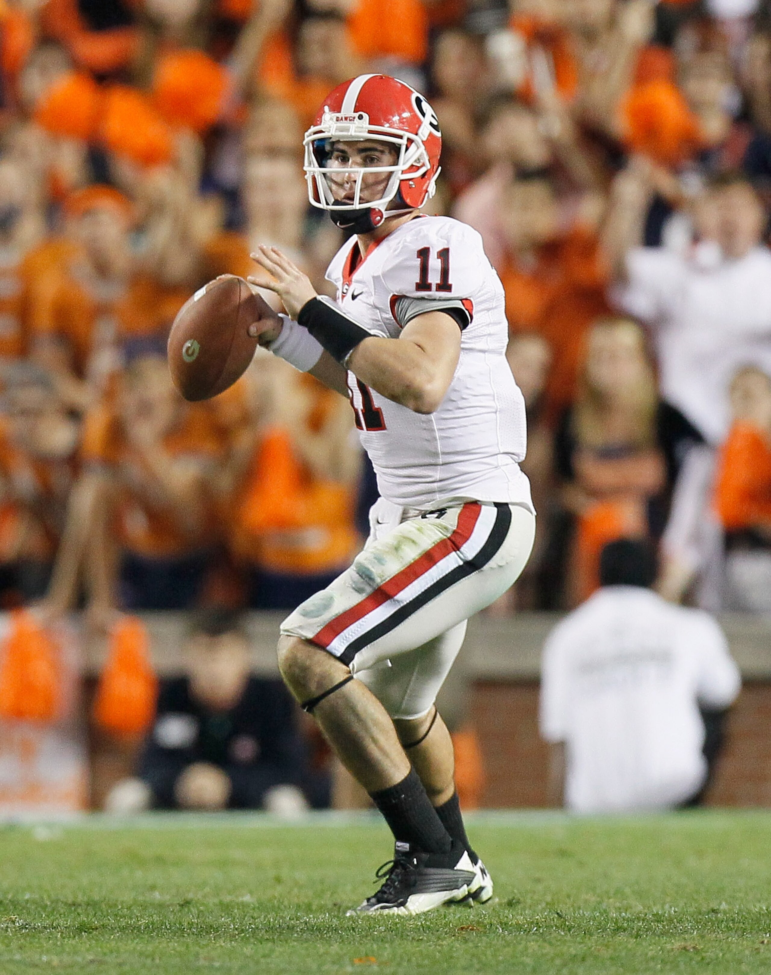 AUBURN, AL - NOVEMBER 13: Quarterback Aaron Murray #11 of the Georgia Bulldogs against the Auburn Tigers at Jordan-Hare Stadium on November 13, 2010 in Auburn, Alabama. (Photo by Kevin C. Cox/Getty Images) AUBURN, AL - NOVEMBER 13: Quarterback Aaron Murray #11 of the Georgia Bulldogs against the Auburn Tigers at Jordan-Hare Stadium on November 13, 2010 in Auburn, Alabama. (Photo by Kevin C. Cox/Getty Images)