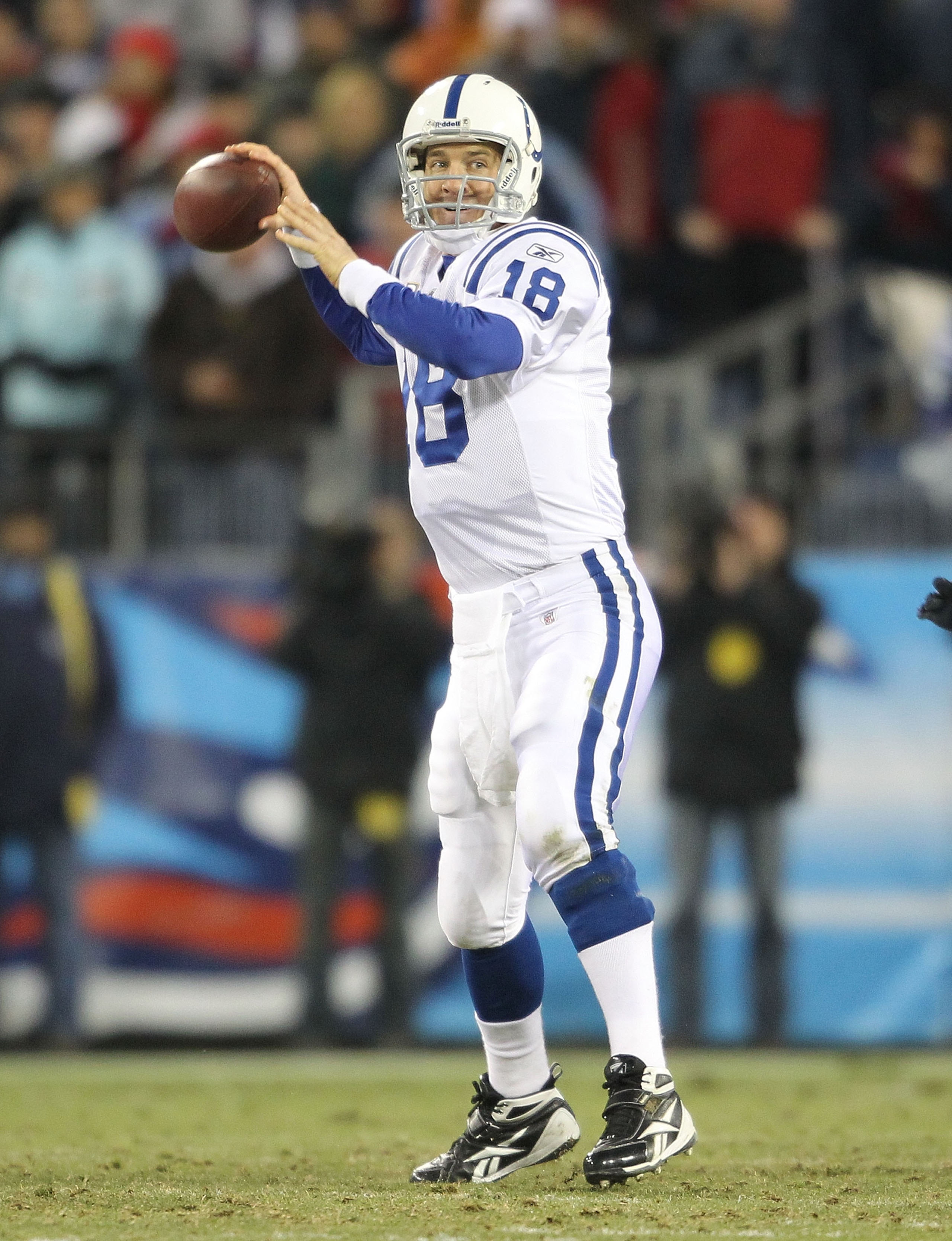 NASHVILLE, TN - DECEMBER 09: Peyton Manning #18 of the Indianapolis Colts throws a pass during the NFL game against the Tennessee Titans at LP Field on December 9, 2010 in Nashville, Tennessee. The Colts won 30-28. (Photo by Andy Lyons/Getty Images) NASHVILLE, TN - DECEMBER 09: Peyton Manning #18 of the Indianapolis Colts throws a pass during the NFL game against the Tennessee Titans at LP Field on December 9, 2010 in Nashville, Tennessee. The Colts won 30-28. (Photo by Andy Lyons/Getty Images)