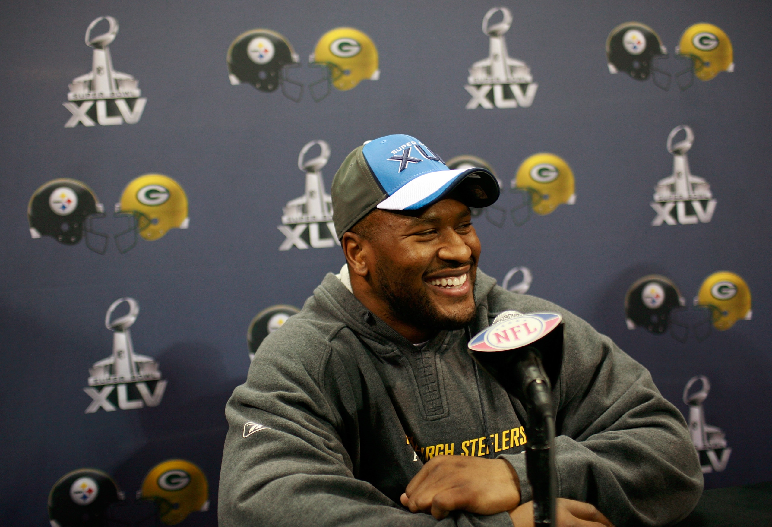 FORT WORTH, TX - FEBRUARY 02:  Linebacker James Harrison #92 of the Pittsburgh Steelers talks with the media on February 2, 2011 in Fort Worth, Texas. The Pittsburgh Steelers will play the Green Bay Packers in Super Bowl XLV on February 6, 2011 at Cowboys