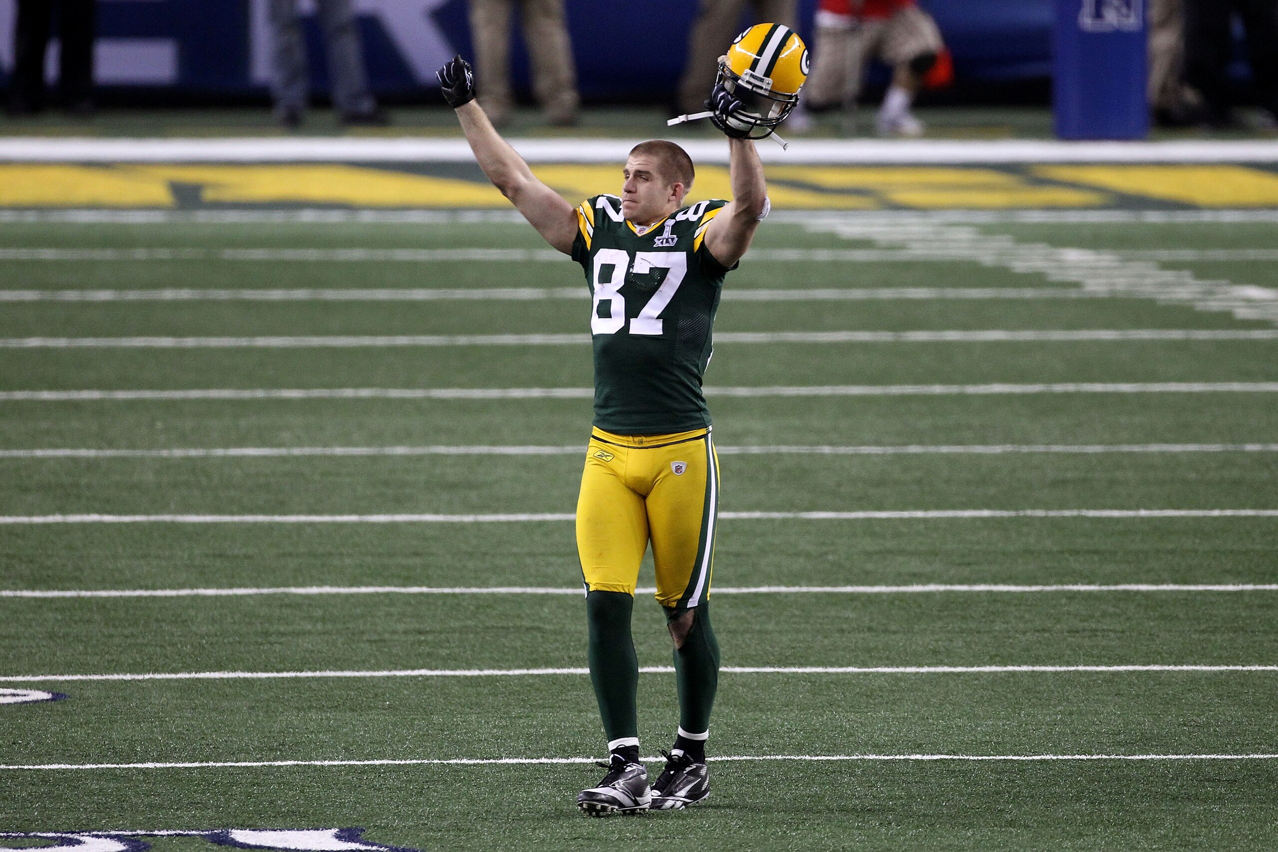 ARLINGTON, TX - FEBRUARY 06: Jordy Nelson #87 of the Green Bay Packers celebrates after winning Super Bowl XLV against the Pittsburgh Steelers at Cowboys Stadium on February 6, 2011 in Arlington, Texas.  (Photo by Streeter Lecka/Getty Images)