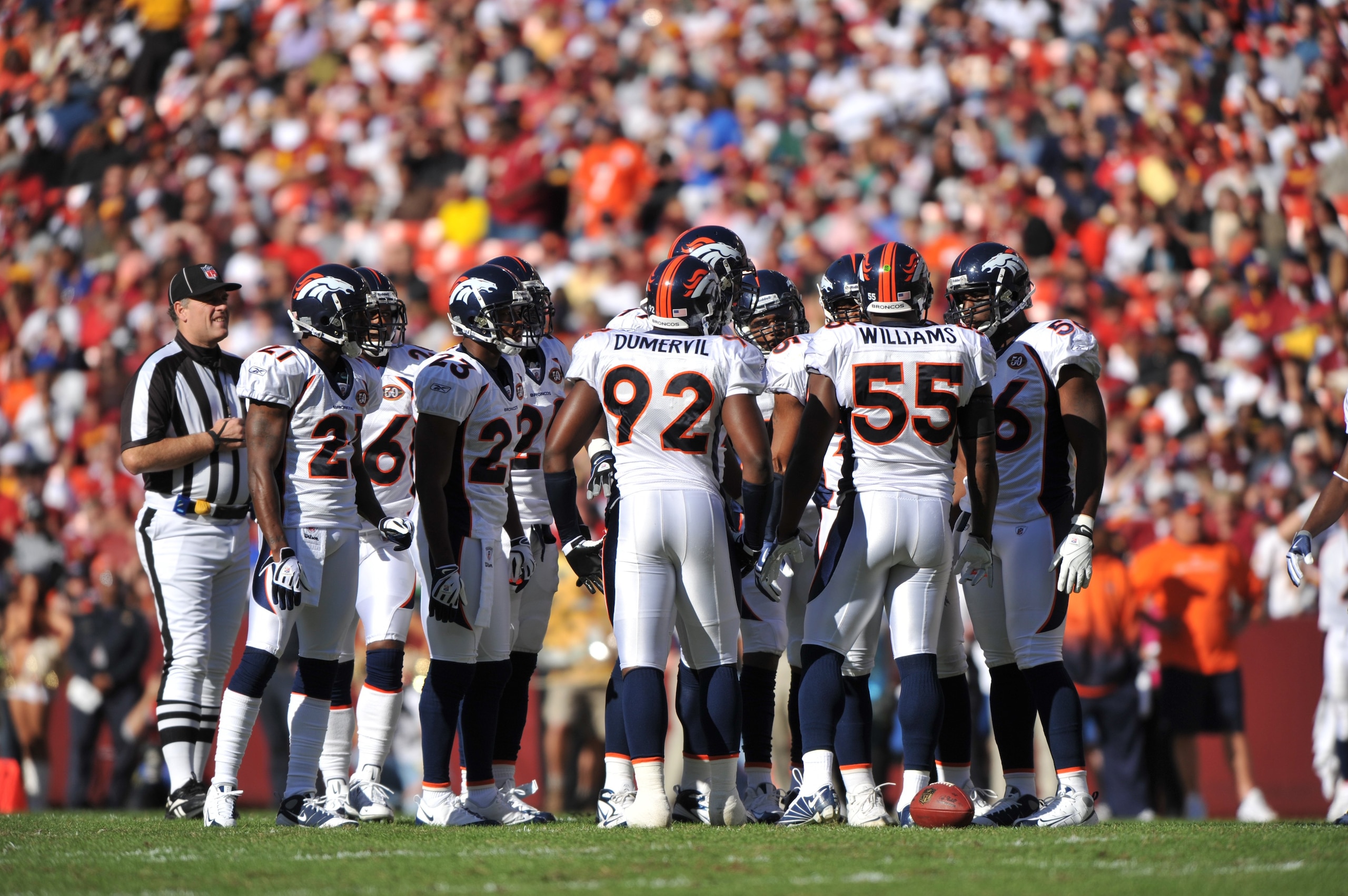 LANDOVER, MD - NOVEMBER 15:  The Denver Broncos  defense huddles during the game against the Washington Redskins at FedExField on November 15, 2009 in Landover, Maryland. The Redskins won 27-17. (Photo by Larry French/Getty Images)