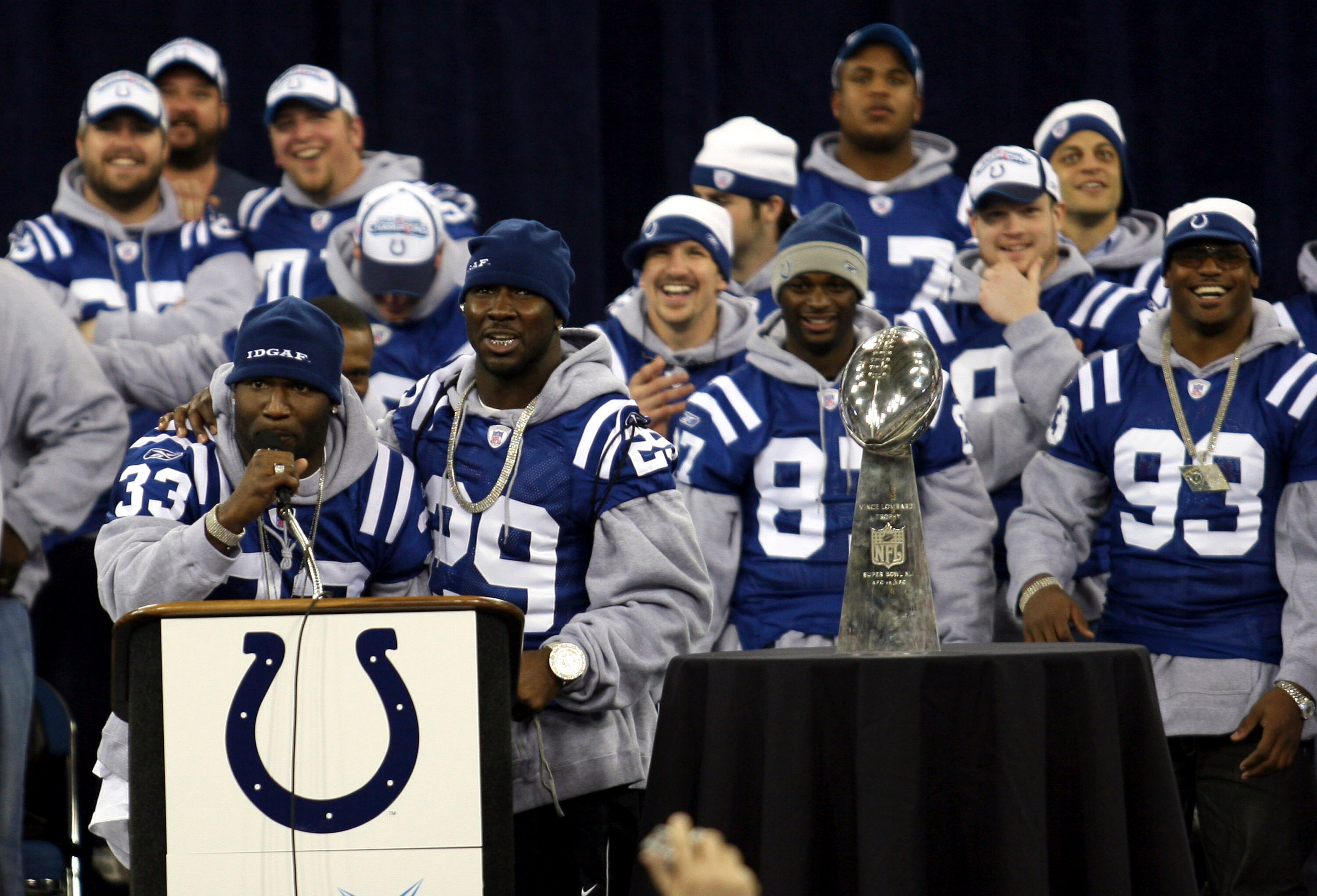 INDIANAPOLIS - FEBRUARY 5:  Indianapolis Colts Dominic Rhodes #33, Joseph Addai #29, Wayne Reggie #87 and Dwight Freeney #93 celebrate with the rest of their team during the victory rally after the Colts beat the Chicago Bears in Super Bowl XLI Sunday in