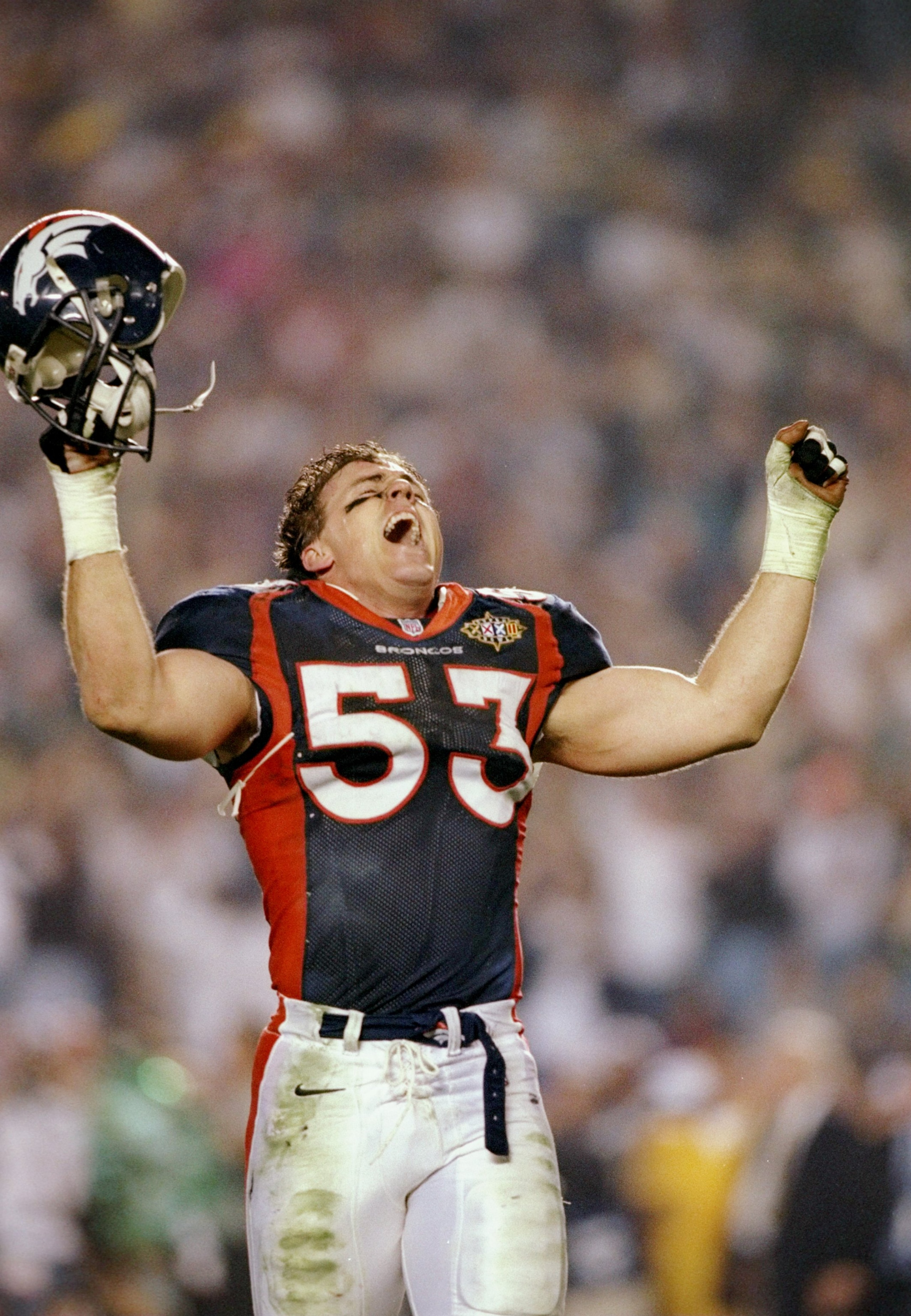 25 Jan 1998:  Bill Romanowski #53 of the Denver Broncos celebrates against the Green Bay Packers during Super Bowl  XXXII at Qualcomm Stadium in San Diego, California.  The Denver Broncos defeated the Green Bay Packers 31-24. Mandatory Credit: Andy Lyons