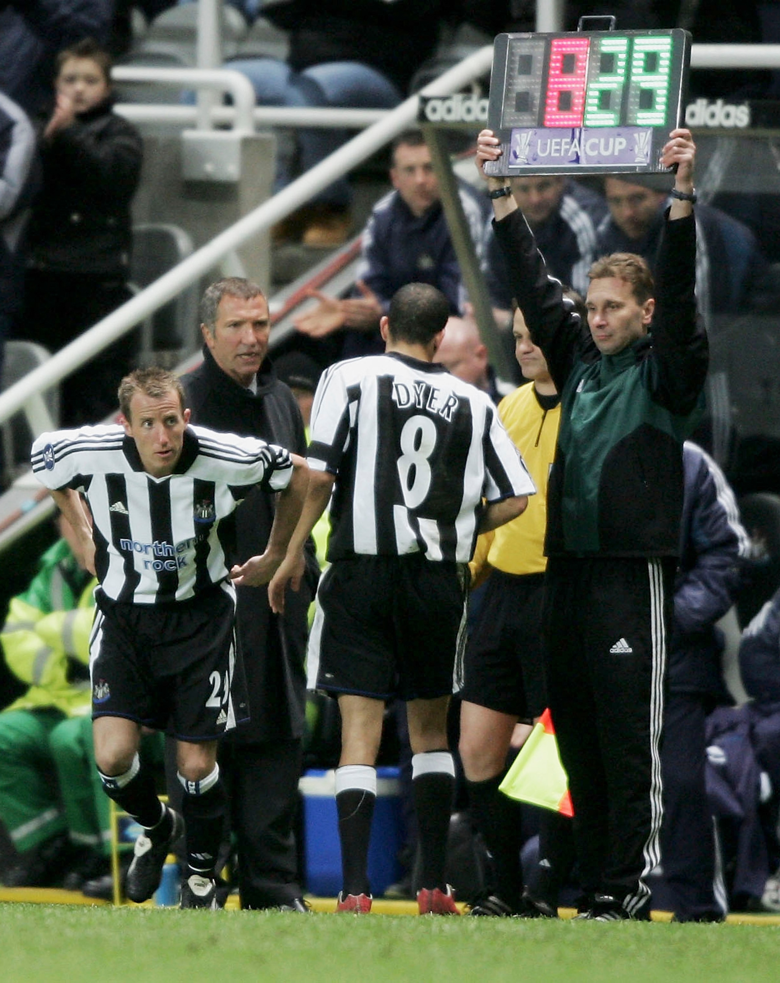 NEWCASTLE, ENGLAND - APRIL 7:  Kieron Dyer is replaced on the field by Lee Bowyer as manager Graeme Souness looks on  during the UEFA Cup Quarter Final first leg between Newcastle United and Sporting Lisbon at St James Park on April 7, 2005 in Newcastle, 