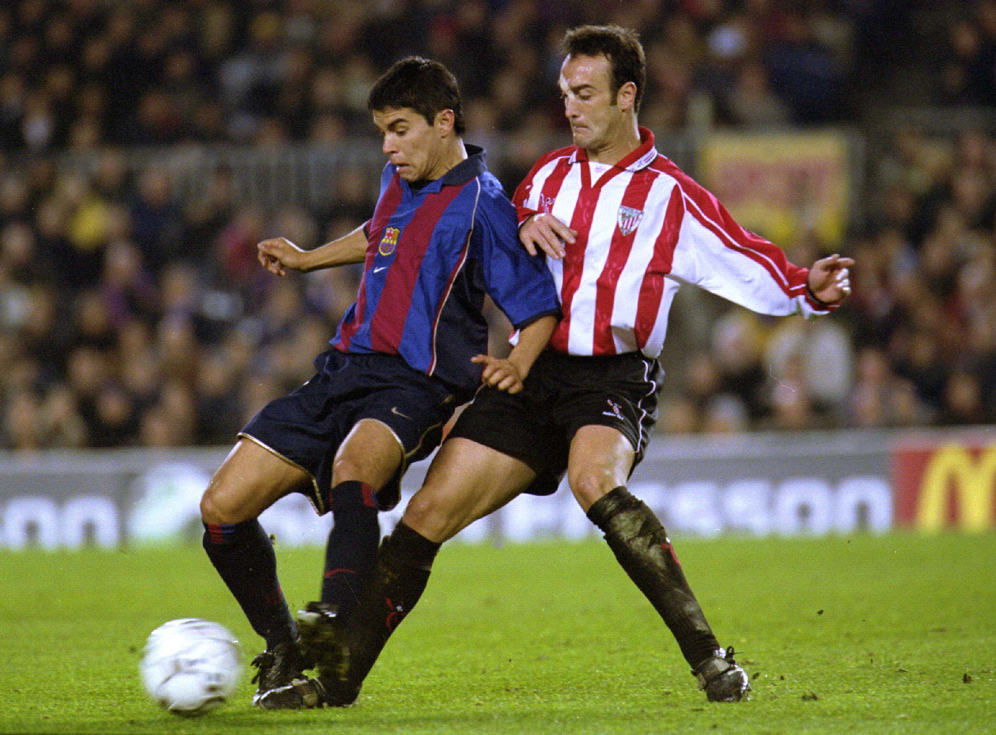 24 Nov 2001: Saviola of Barcelona and Lacruz of Athletic Bilbao in action during the Spanish Primera League match played between  Barcelona and Athletic Bilbao. DIGITAL IMAGE. Mandatory Credit: Firo Foto/ALLSPORT