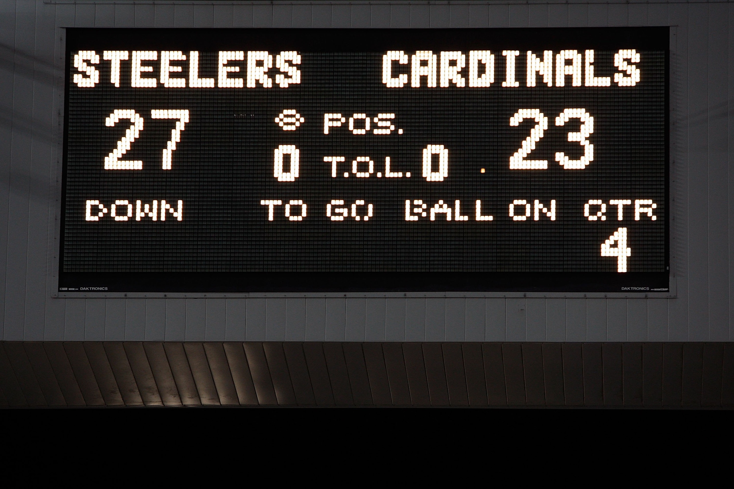 TAMPA, FL - FEBRUARY 01:  The scoreboard shows the final score of Pittsburgh Steelers 27 and the Arizona Cardinals 23 during Super Bowl XLIII on February 1, 2009 at Raymond James Stadium in Tampa, Florida.  (Photo by Jamie Squire/Getty Images)