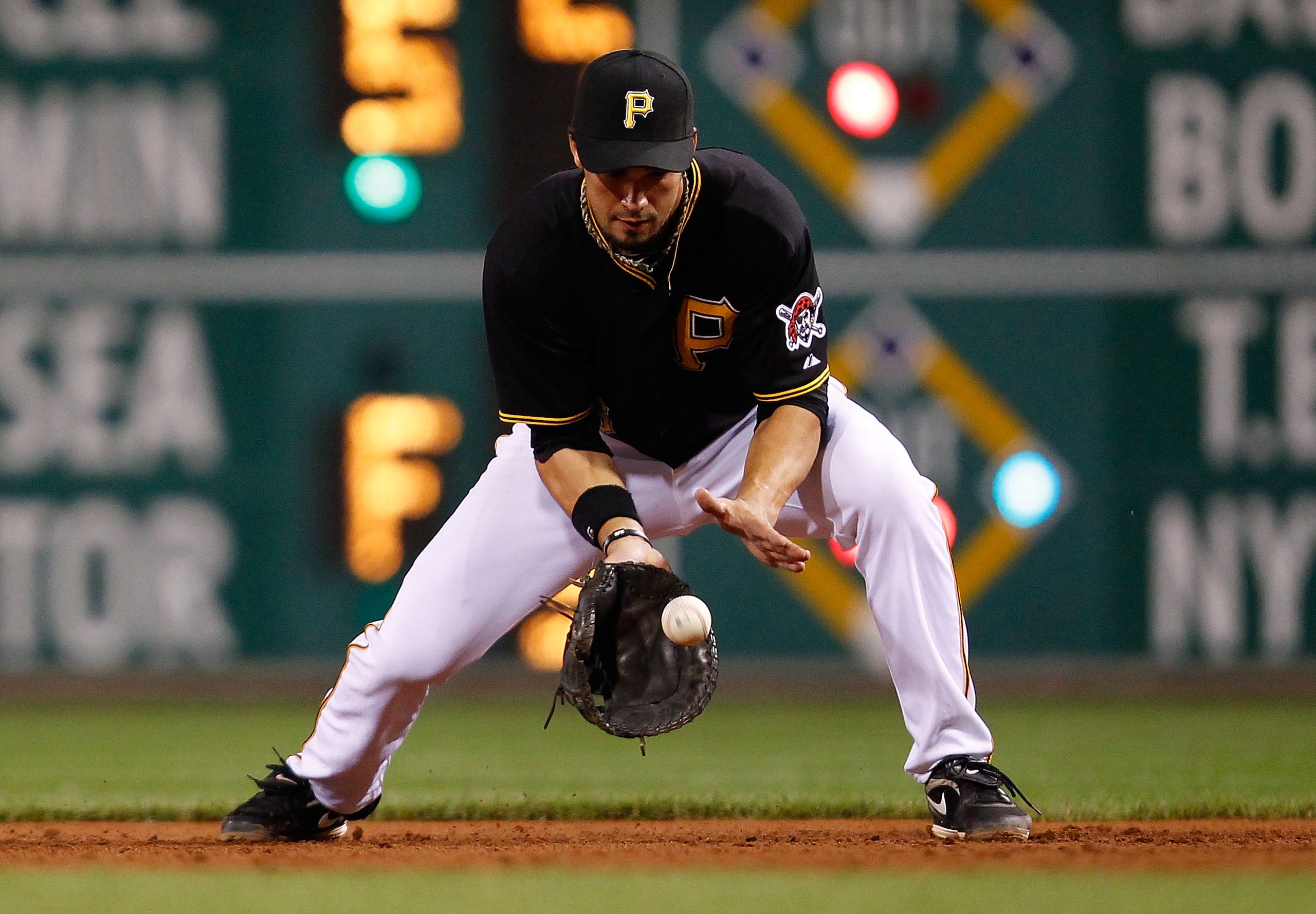 PITTSBURGH - SEPTEMBER 21: Garrett Jones #46 of the Pittsburgh Pirates fields a ground ball during the game against the St Louis Cardinals on September 21, 2010 at PNC Park in Pittsburgh, Pennsylvania. (Photo by Jared Wickerham/Getty Images) PITTSBURGH - SEPTEMBER 21: Garrett Jones #46 of the Pittsburgh Pirates fields a ground ball during the game against the St Louis Cardinals on September 21, 2010 at PNC Park in Pittsburgh, Pennsylvania. (Photo by Jared Wickerham/Getty Images)