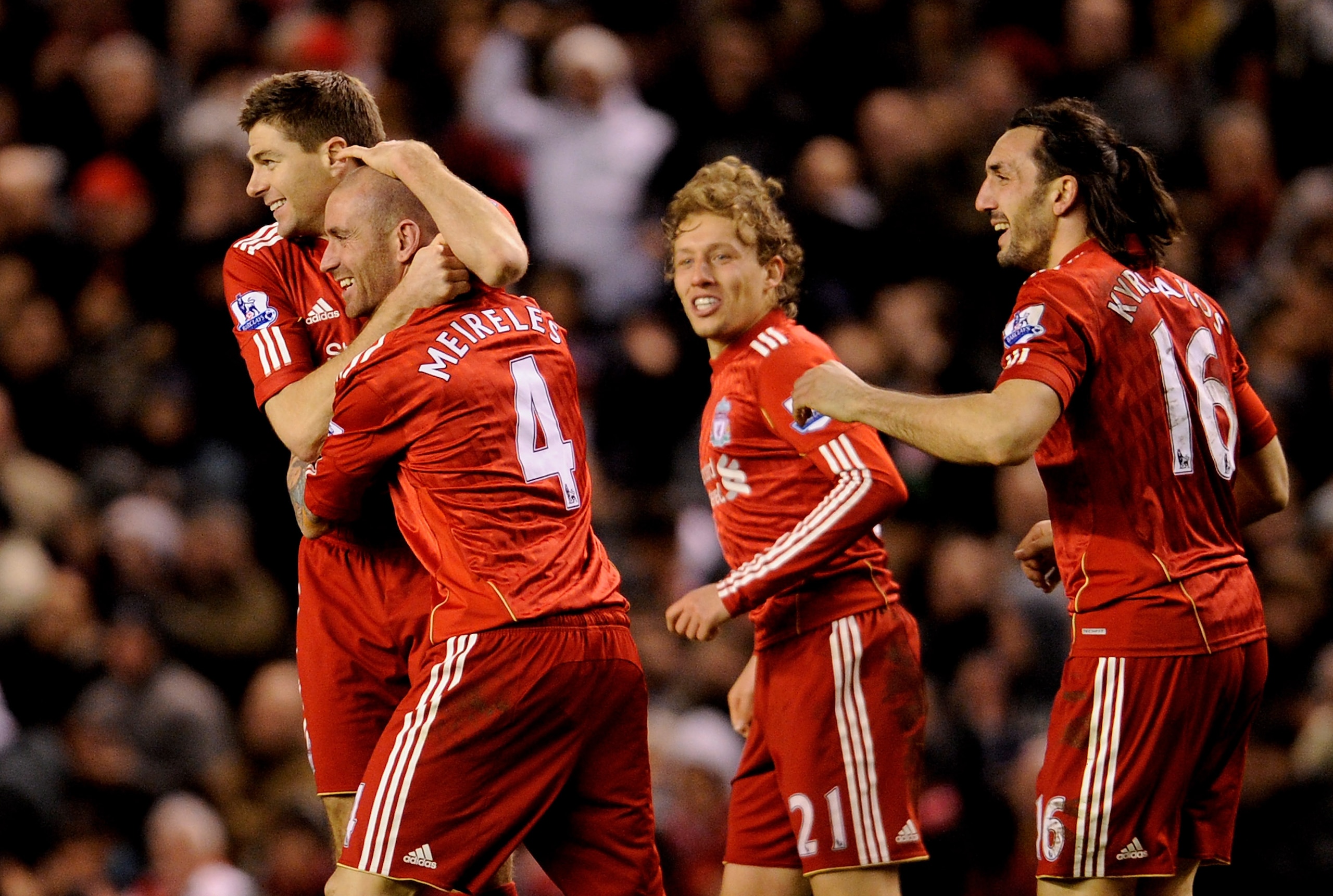 LIVERPOOL, ENGLAND - FEBRUARY 02: Raul Meireles of Liverpool celebrates with his team mates after scoring the opening goal during the Barclays Premier League match between Liverpool and Stoke City at Anfield on February 2, 2011 in Liverpool, England. (P LIVERPOOL, ENGLAND - FEBRUARY 02: Raul Meireles of Liverpool celebrates with his team mates after scoring the opening goal during the Barclays Premier League match between Liverpool and Stoke City at Anfield on February 2, 2011 in Liverpool, England. (P