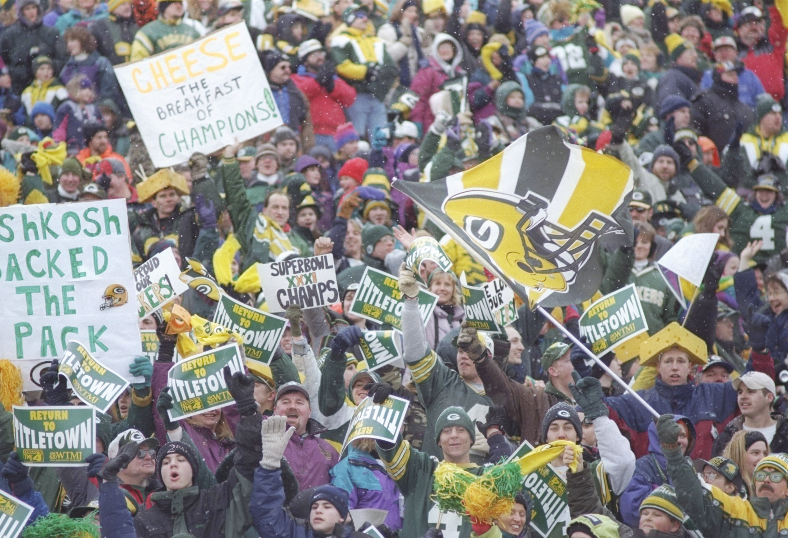 27 Jan 1997:  Green Bay Packers fans celebrate their returning team at Lambeau Field in Green Bay, Wisconsin. Mandatory Credit: Jonathan Daniel  /Allsport