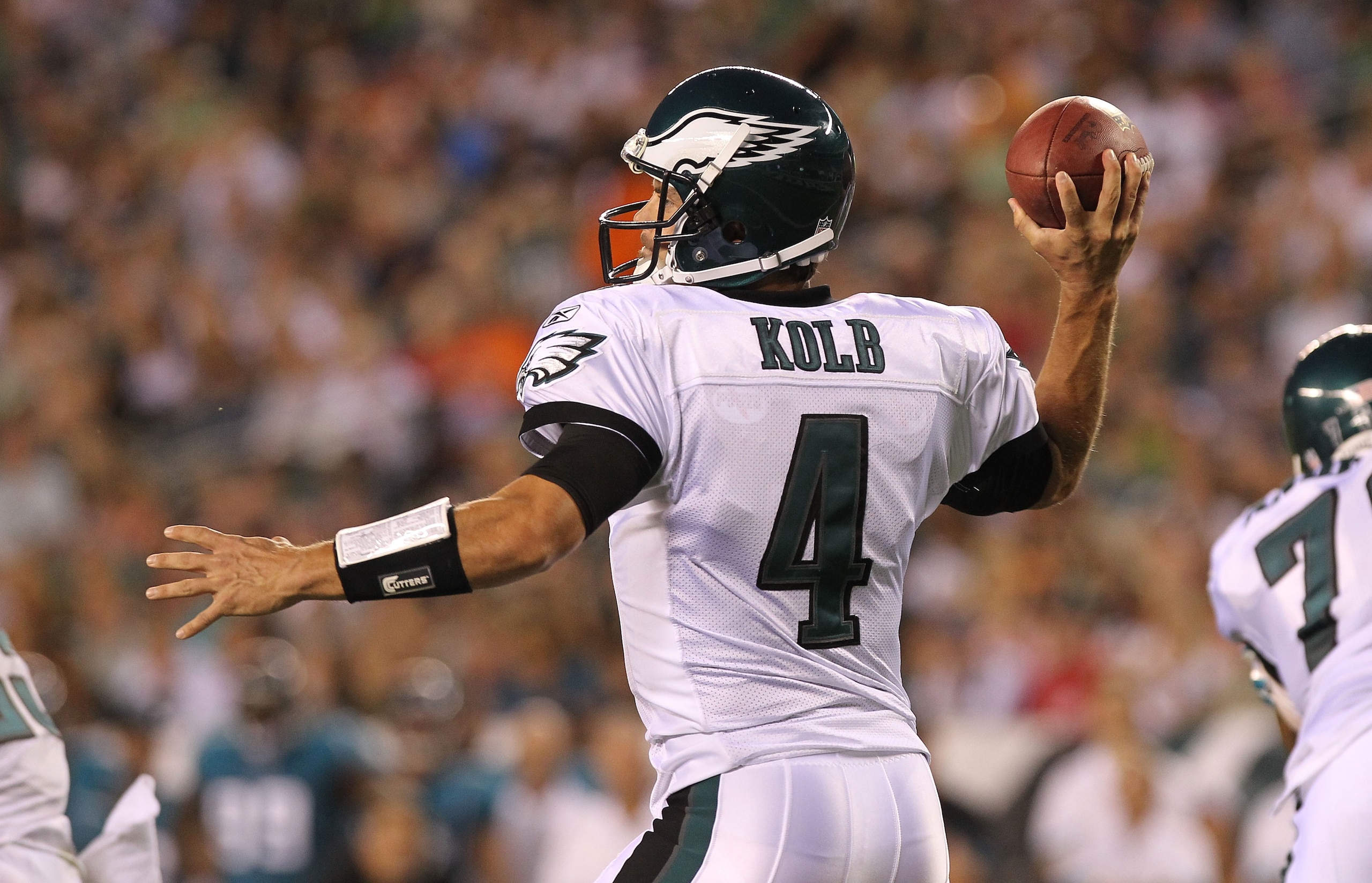 PHILADELPHIA - AUGUST 13: Kevin Kolb #4 of the Philadelphia Eagles drops back to pass against the Jacksonville Jaguars during their preseason game at Lincoln Financial Field on August 13, 2010 in Philadelphia, Pennsylvania. (Photo by Nick Laham/Getty Im PHILADELPHIA - AUGUST 13: Kevin Kolb #4 of the Philadelphia Eagles drops back to pass against the Jacksonville Jaguars during their preseason game at Lincoln Financial Field on August 13, 2010 in Philadelphia, Pennsylvania. (Photo by Nick Laham/Getty Im