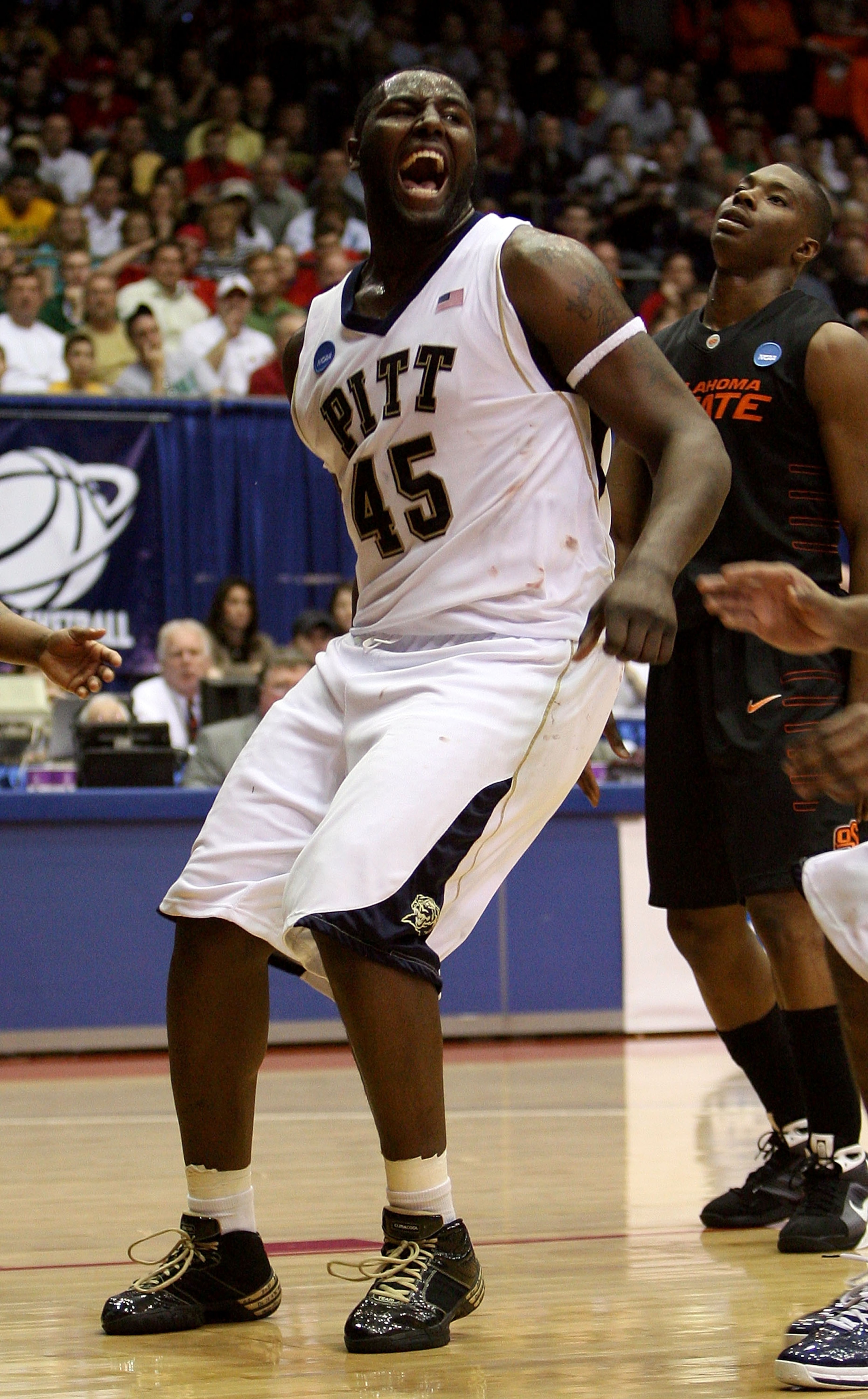 DAYTON, OH - MARCH 22:  DeJuan Blair #45 of the Pittsburgh Panthers reacts after a basket late in the game against the Oklahoma State Cowboys during the second round of the NCAA Division I Men's Basketball Tournament at the University of Dayton Arena on M