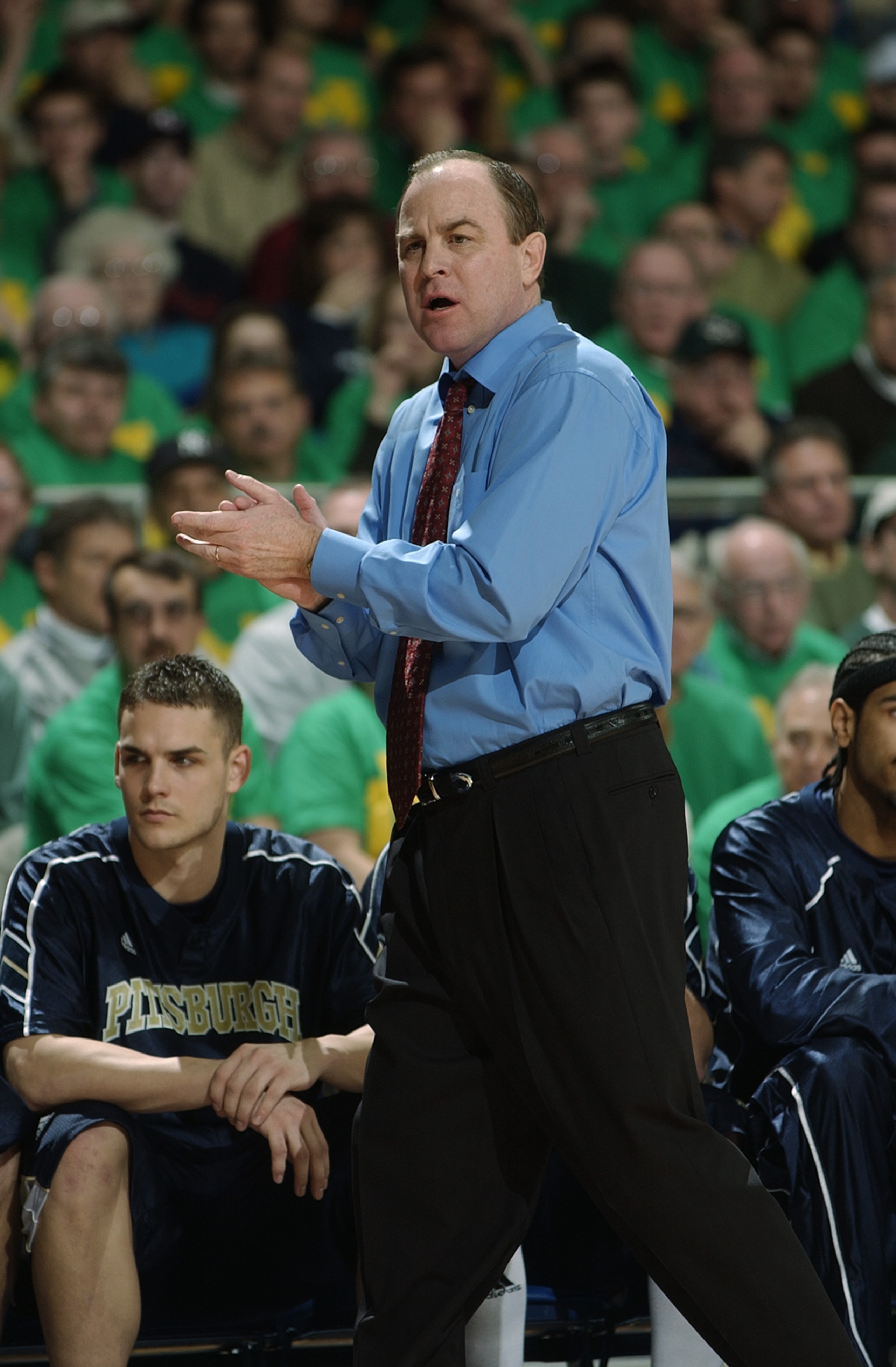 SOUTH BEND, IN - FEBRUARY 9:  Head coach Ben Howland of Pittsburgh encourages his team from the sideline during the game against Notre Dame at Joyce Center at the University of Notre Dame on February 9, 2003 in South Bend, Indiana.  Notre Dame defeated Pi