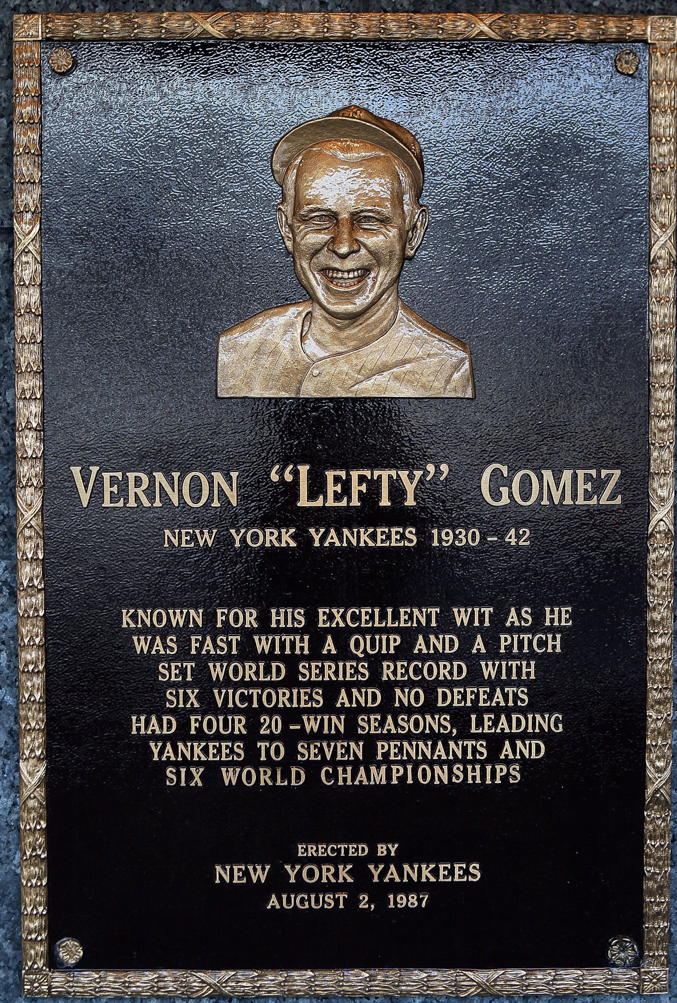 NEW YORK - MAY 02: The plaque of Lefty Gomez is seen in Monument Park at Yankee Stadium prior to the game between the New York Yankees and the Chicago White Sox on May 2, 2010 in the Bronx borough of New York City. The Yankees defeated the White Sox 12-3 NEW YORK - MAY 02: The plaque of Lefty Gomez is seen in Monument Park at Yankee Stadium prior to the game between the New York Yankees and the Chicago White Sox on May 2, 2010 in the Bronx borough of New York City. The Yankees defeated the White Sox 12-3