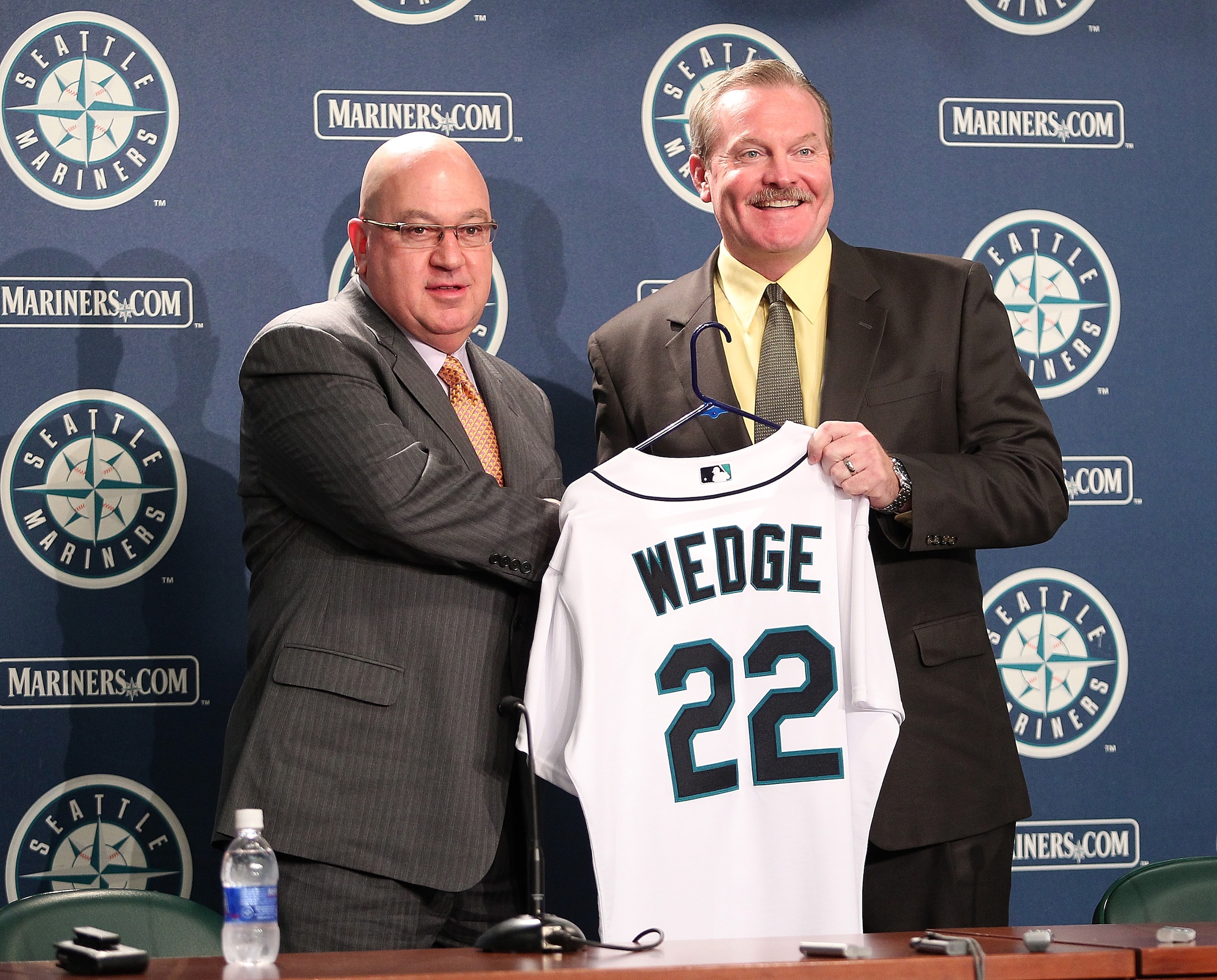 SEATTLE - OCTOBER 19: New manager Eric Wedge (R) of the Seattle Mariners is introduced to the media by Executive Vice President & GM Jack Zduriencik at Safeco Field on October 19, 2010 in Seattle, Washington. (Photo by Otto Greule Jr/Getty Images) SEATTLE - OCTOBER 19: New manager Eric Wedge (R) of the Seattle Mariners is introduced to the media by Executive Vice President & GM Jack Zduriencik at Safeco Field on October 19, 2010 in Seattle, Washington. (Photo by Otto Greule Jr/Getty Images)