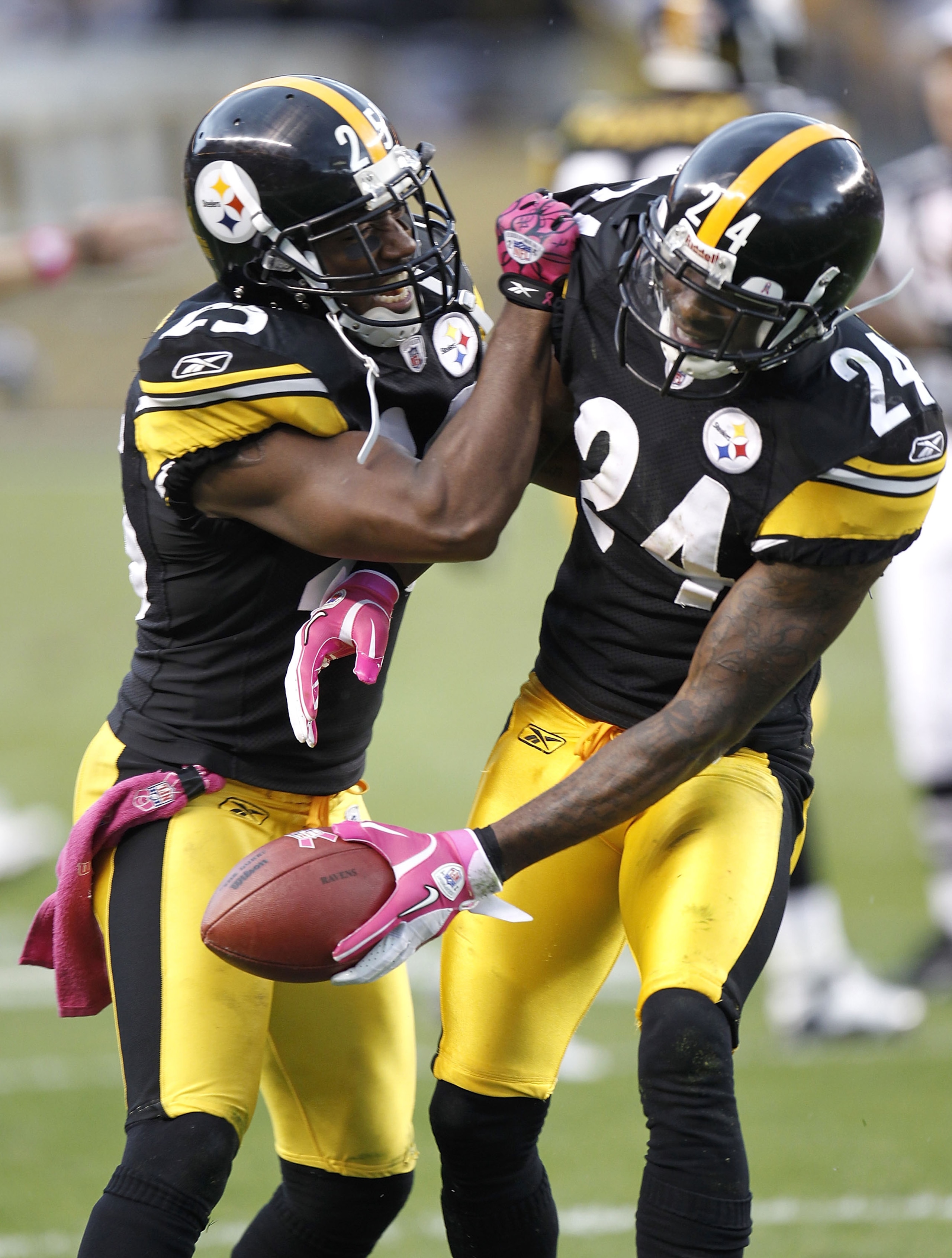PITTSBURGH - OCTOBER 03: Ike Taylor #24 of the Pittsburgh Steelers celebrates a fourth quater interception with Ryan Clark while playing the Baltimore Ravens on October 3, 2010 at Heinz Field in Pittsburgh, Pennsylvania. Baltimore won the game 17-14.  (Ph