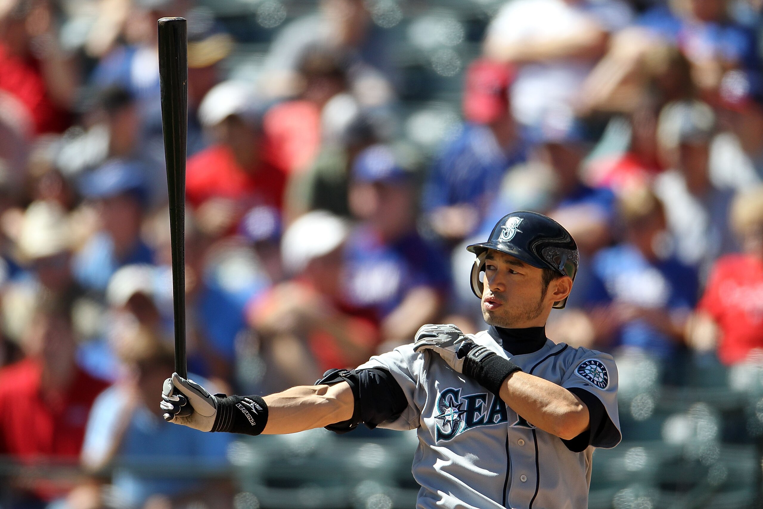 ARLINGTON, TX - SEPTEMBER 29: Ichiro Suzuki #51 of the Seattle Mariners at bat against the Texas Rangers at Rangers Ballpark in Arlington on September 29, 2010 in Arlington, Texas. (Photo by Ronald Martinez/Getty Images) ARLINGTON, TX - SEPTEMBER 29: Ichiro Suzuki #51 of the Seattle Mariners at bat against the Texas Rangers at Rangers Ballpark in Arlington on September 29, 2010 in Arlington, Texas. (Photo by Ronald Martinez/Getty Images)