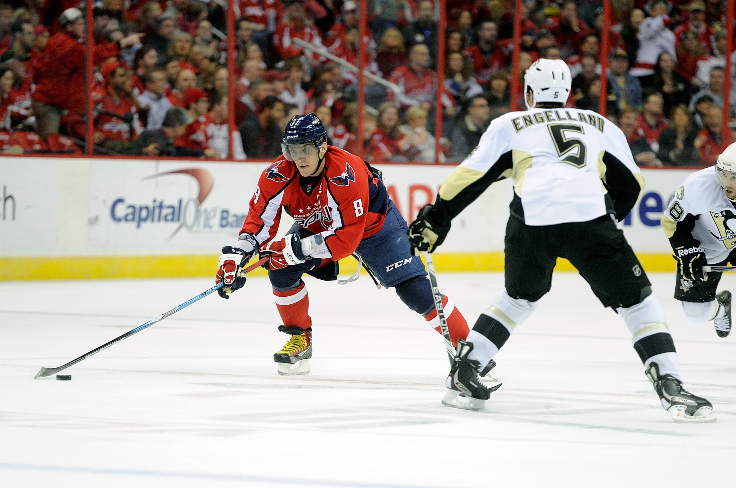 WASHINGTON, DC - FEBRUARY 06: Alex Ovechkin #8 of the Washington Capitals brings the puck down the ice against the Pittsburgh Penguins at the Verizon Center on February 6, 2011 in Washington, DC. (Photo by Greg Fiume/Getty Images) WASHINGTON, DC - FEBRUARY 06: Alex Ovechkin #8 of the Washington Capitals brings the puck down the ice against the Pittsburgh Penguins at the Verizon Center on February 6, 2011 in Washington, DC. (Photo by Greg Fiume/Getty Images)