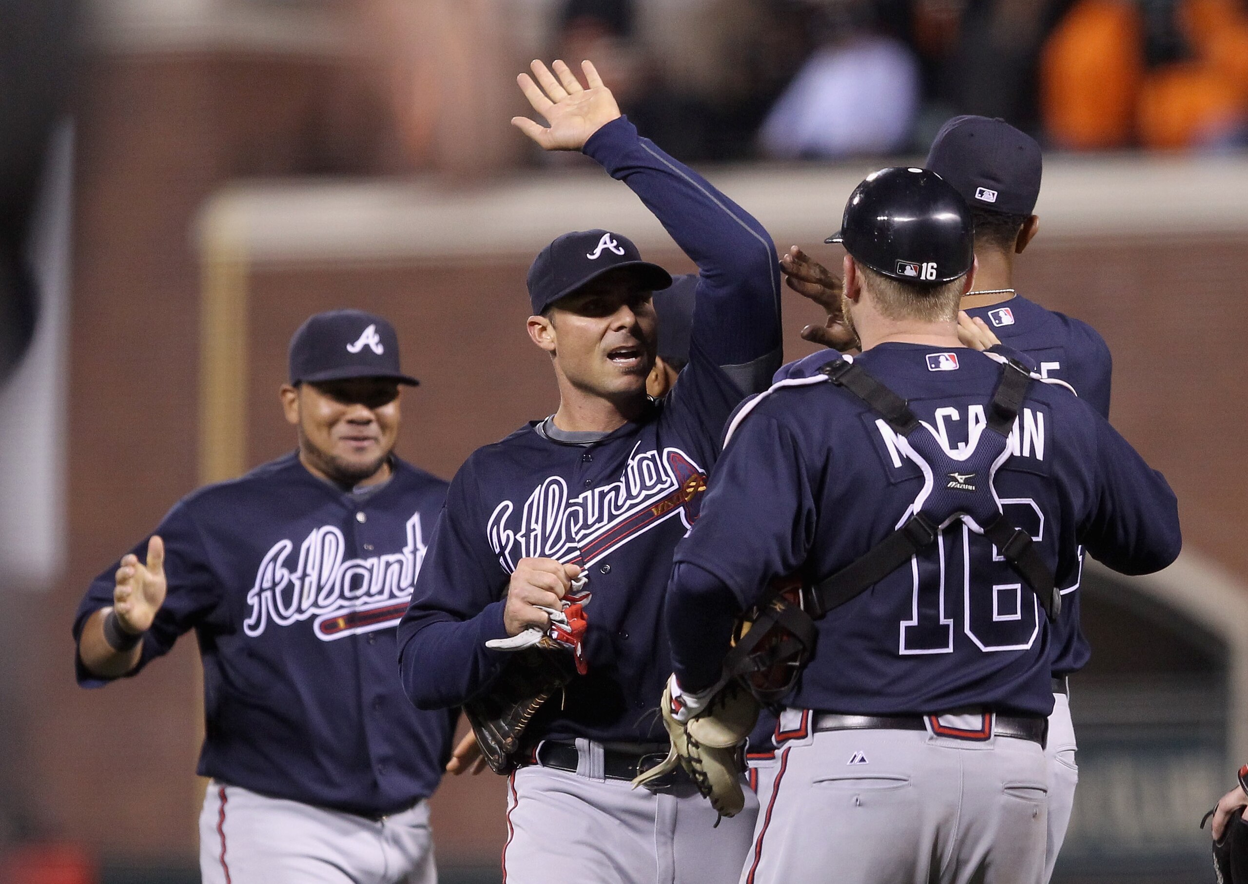 SAN FRANCISCO - OCTOBER 08:  Rick Ankiel #28 of the Atlanta Braves is congratulated by teammates after beat the San Francisco Giants in 11 innings in game 2 of the NLDS at AT&T Park on October 8, 2010 in San Francisco, California.  (Photo by Ezra Shaw/Get