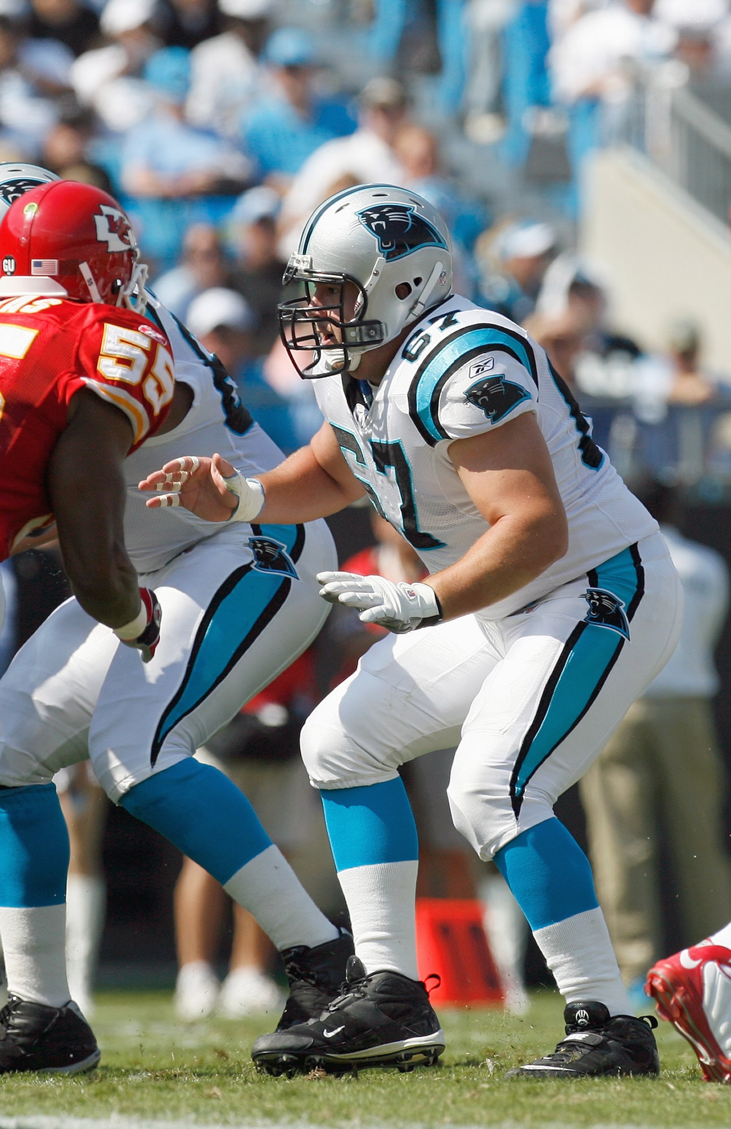 CHARLOTTE, NC - OCTOBER 05:  Ryan Kalil #67 of the Carolina Panthers guards the line during the game against the Kansas City Chiefs at Bank of America on October 5, 2008 in Charlotte, North Carolina.  (Photo by Kevin C. Cox/Getty Images)