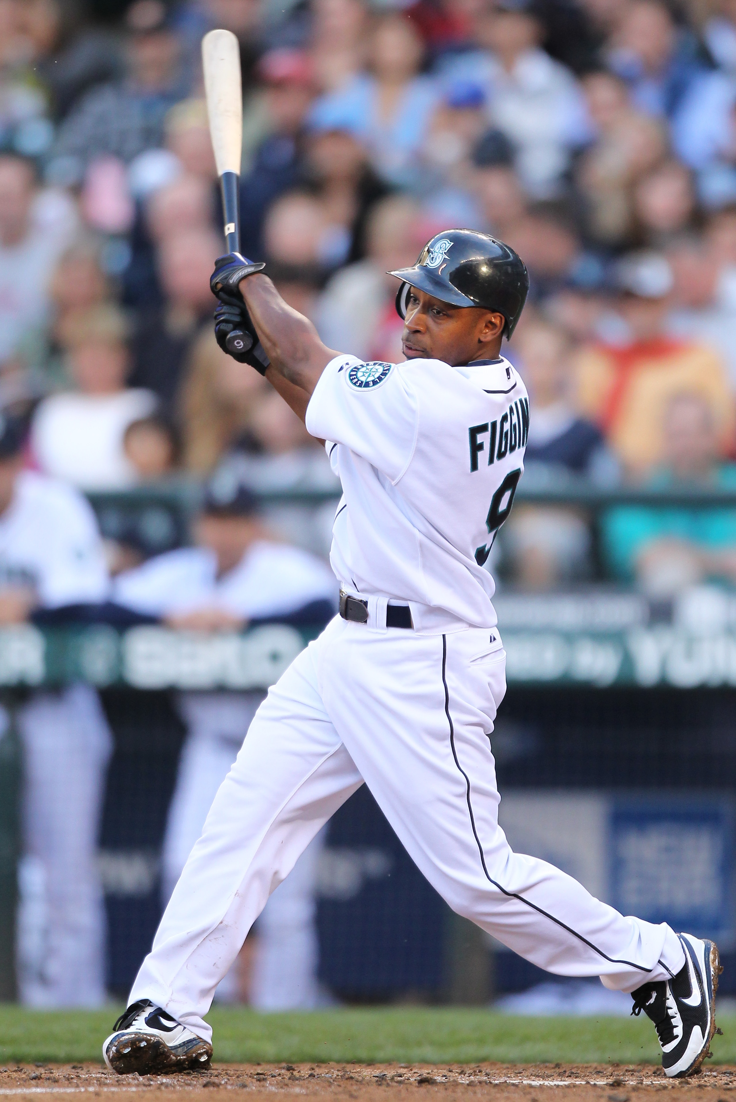 SEATTLE - JULY 22: Chone Figgins #9 of the Seattle Mariners bats against the Boston Red Sox at Safeco Field on July 22, 2010 in Seattle, Washington. (Photo by Otto Greule Jr/Getty Images)