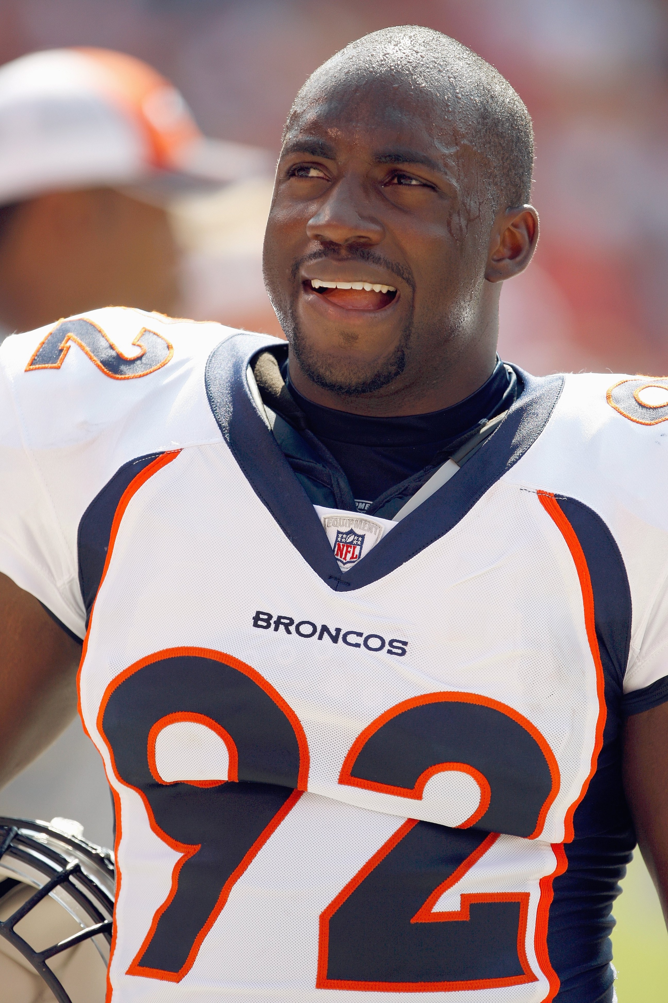 KANSAS CITY - SEPTEMBER 28:  Elvis Dumervil #92 of the Denver Broncos looks on the field before the game against the Kansas City Chiefs on September 28, 2008 at Arrowhead Stadium in Kansas City, Missouri. The Chiefs defeated the Broncos 33-19.  (Photo by:
