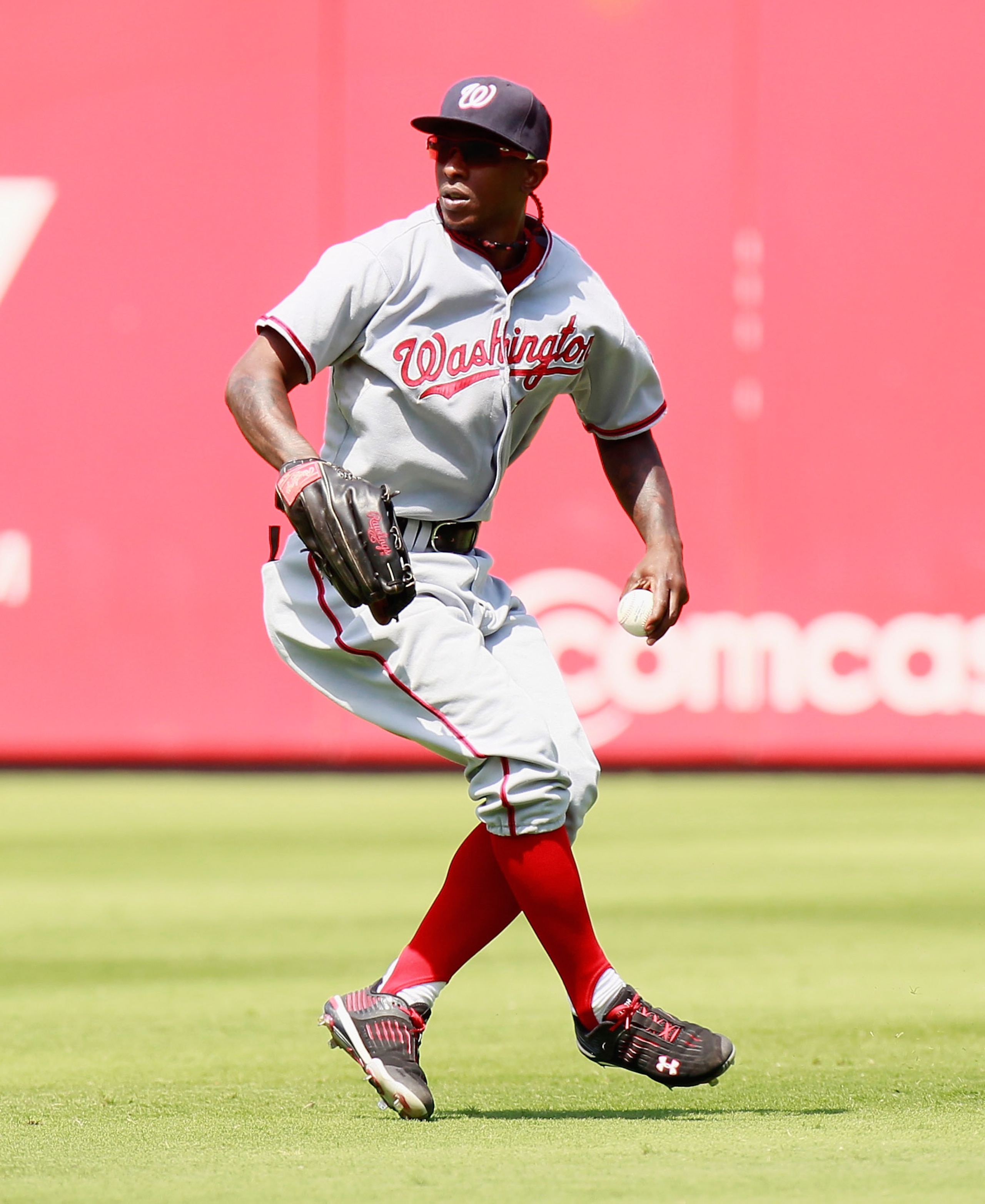 ATLANTA - SEPTEMBER 15:  Nyjer Morgan #1 of the Washington Nationals against the Atlanta Braves at Turner Field on September 15, 2010 in Atlanta, Georgia.  (Photo by Kevin C. Cox/Getty Images)
