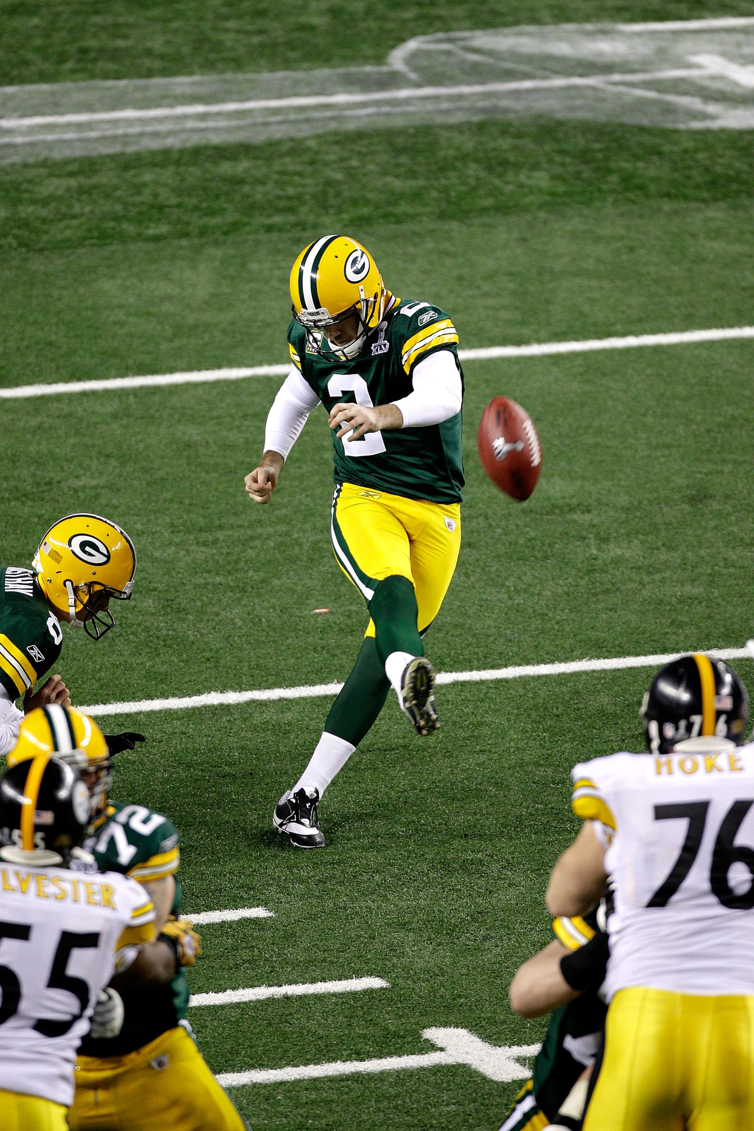 ARLINGTON, TX - FEBRUARY 06:  Mason Crosby #2  of the Green Bay Packers kicks a field goal during the fourth quarter of Super Bowl XLV at Cowboys Stadium on February 6, 2011 in Arlington, Texas.  (Photo by Rob Carr/Getty Images)