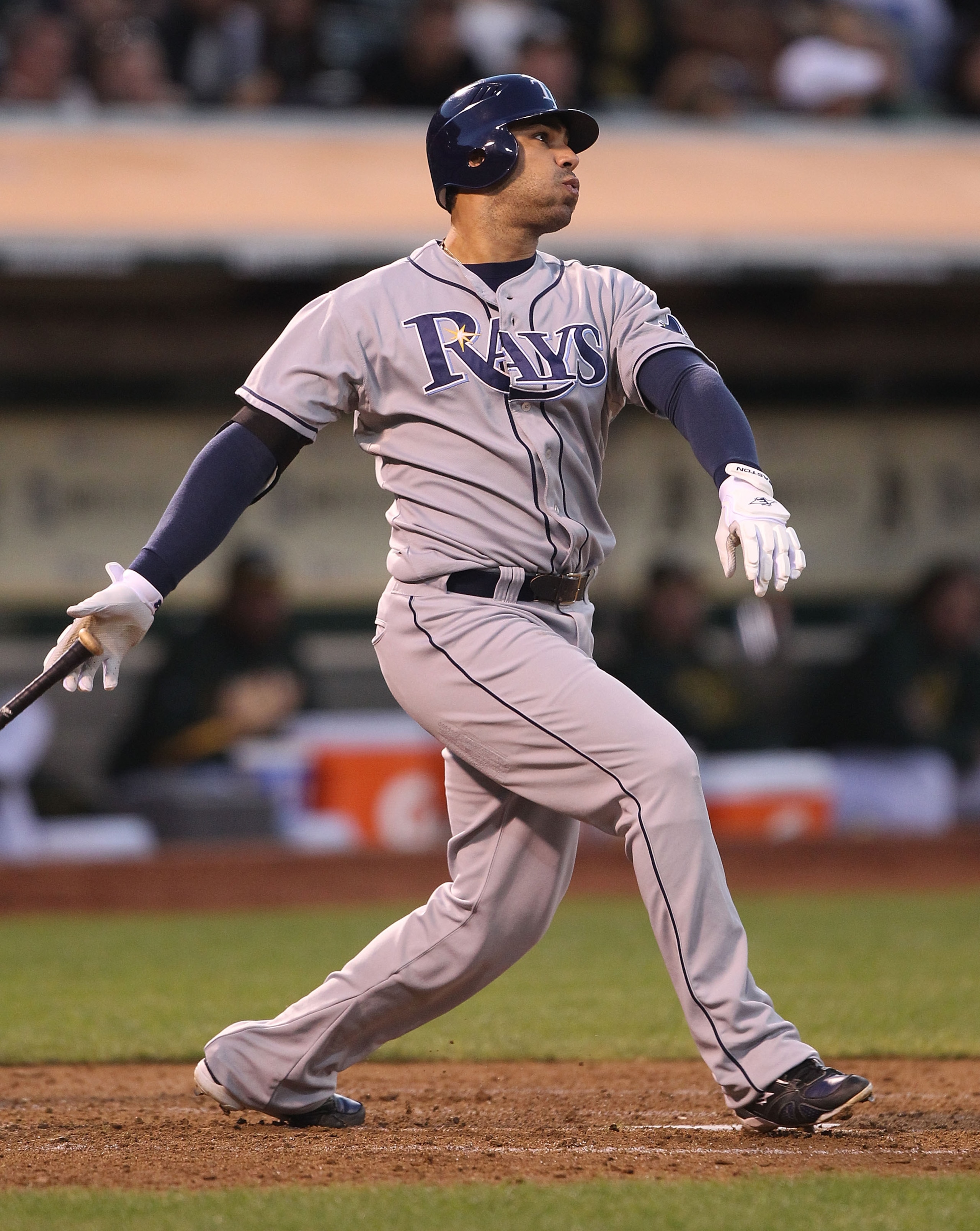 OAKLAND, CA - AUGUST 19:  Carlos Pena #23 of the Tampa Bay Rays hits a two run home run against the Oakland Athletics in the fourth inning during an MLB game at the Oakland-Alameda County Coliseum on August 19, 2010 in Oakland, California.  (Photo by Jed
