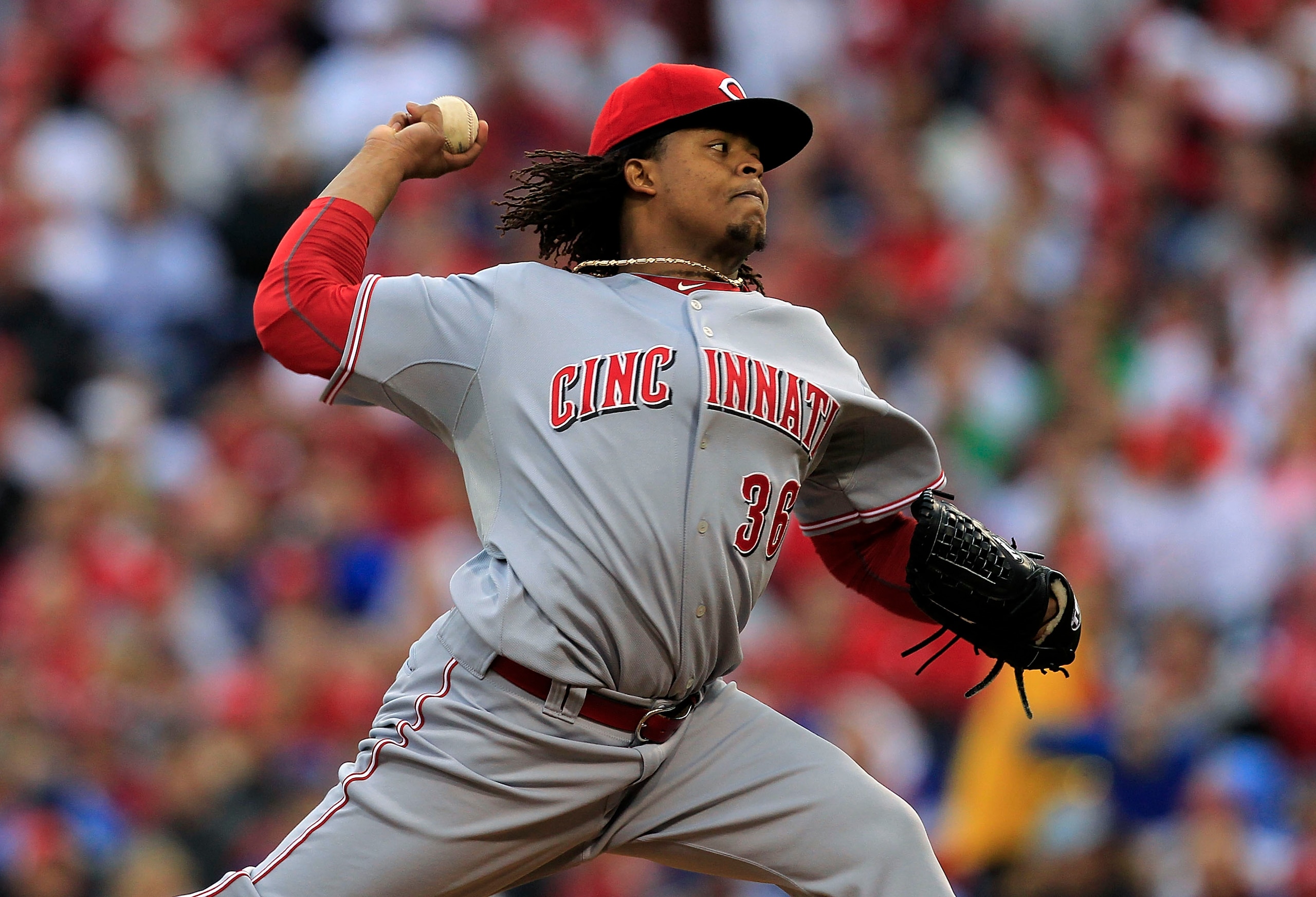 PHILADELPHIA - OCTOBER 06:  Edinson Volquez #36 of the Cincinnati Reds delivers in Game 1 of the NLDS against the Philadelphia Phillies at Citizens Bank Park on October 6, 2010 in Philadelphia, Pennsylvania.  (Photo by Chris Trotman/Getty Images)
