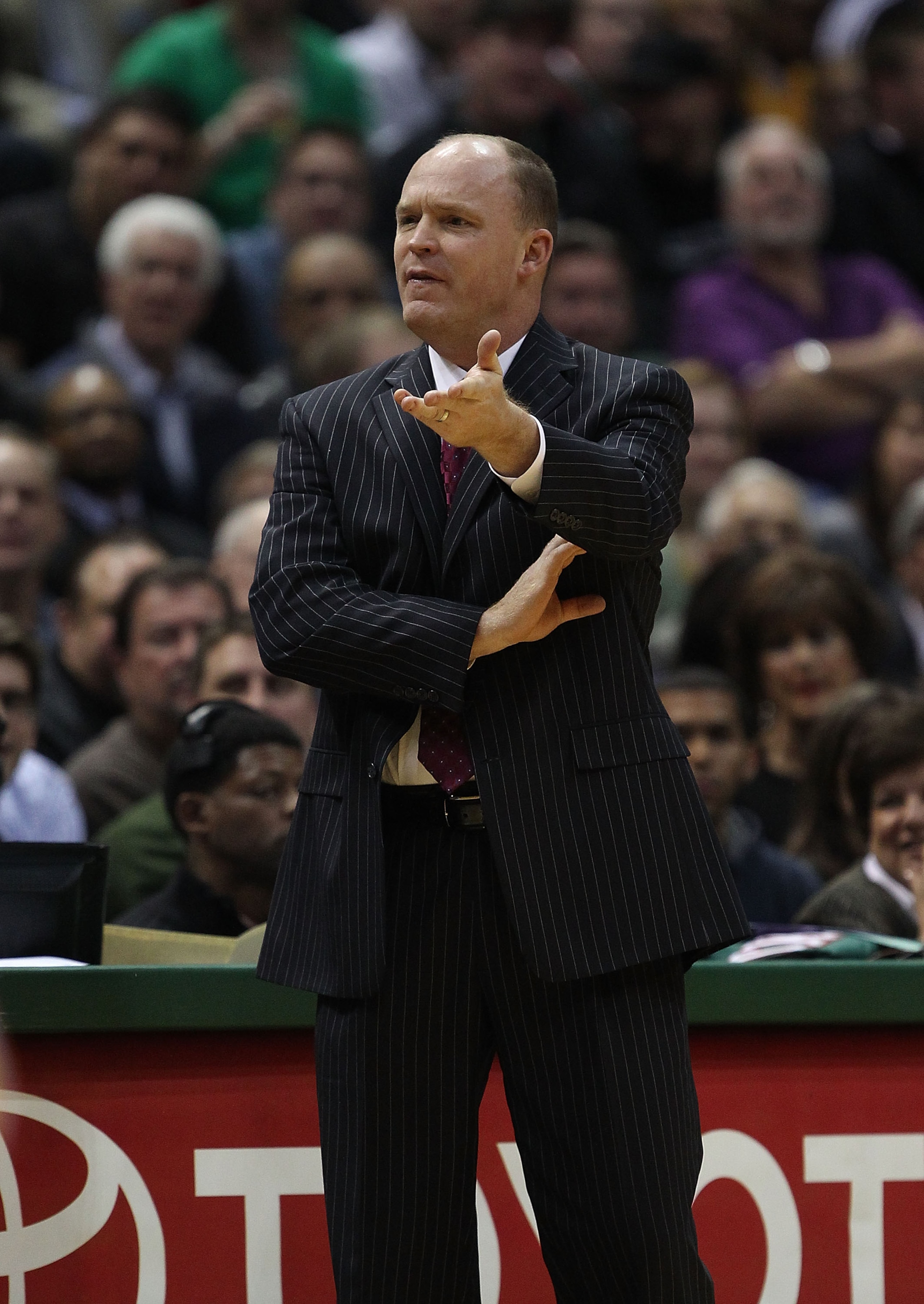 MILWAUKEE, WI - NOVEMBER 16: Head coach Scott Skiles of the Milwaukee Bucks yells at a referee during a game against the Los Angeles Lakers at the Bradley Center on November 16, 2010 in Milwaukee, Wisconsin. The Lakers defeated the Bucks 118-107. NOTE TO