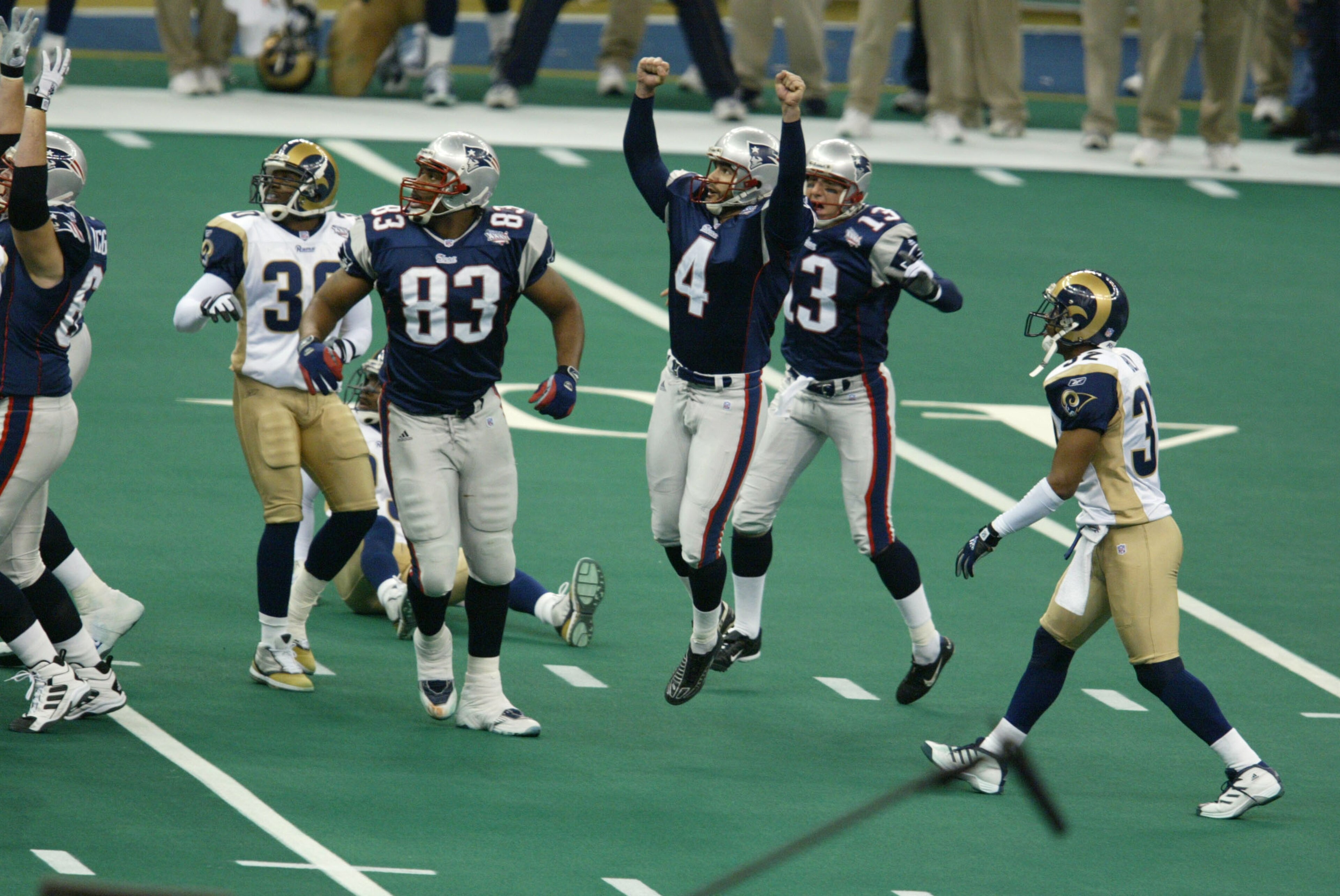 03 Feb 2002: Adam Vinatieri #4 of the New England Patriots breaks into celebration after kicking the game winning field goal against the St.Louis Rams during Superbowl XXXVI at the Superdome in New Orleans, Louisiana. The Patriots defeated the Rams 20- 03 Feb 2002: Adam Vinatieri #4 of the New England Patriots breaks into celebration after kicking the game winning field goal against the St.Louis Rams during Superbowl XXXVI at the Superdome in New Orleans, Louisiana. The Patriots defeated the Rams 20-