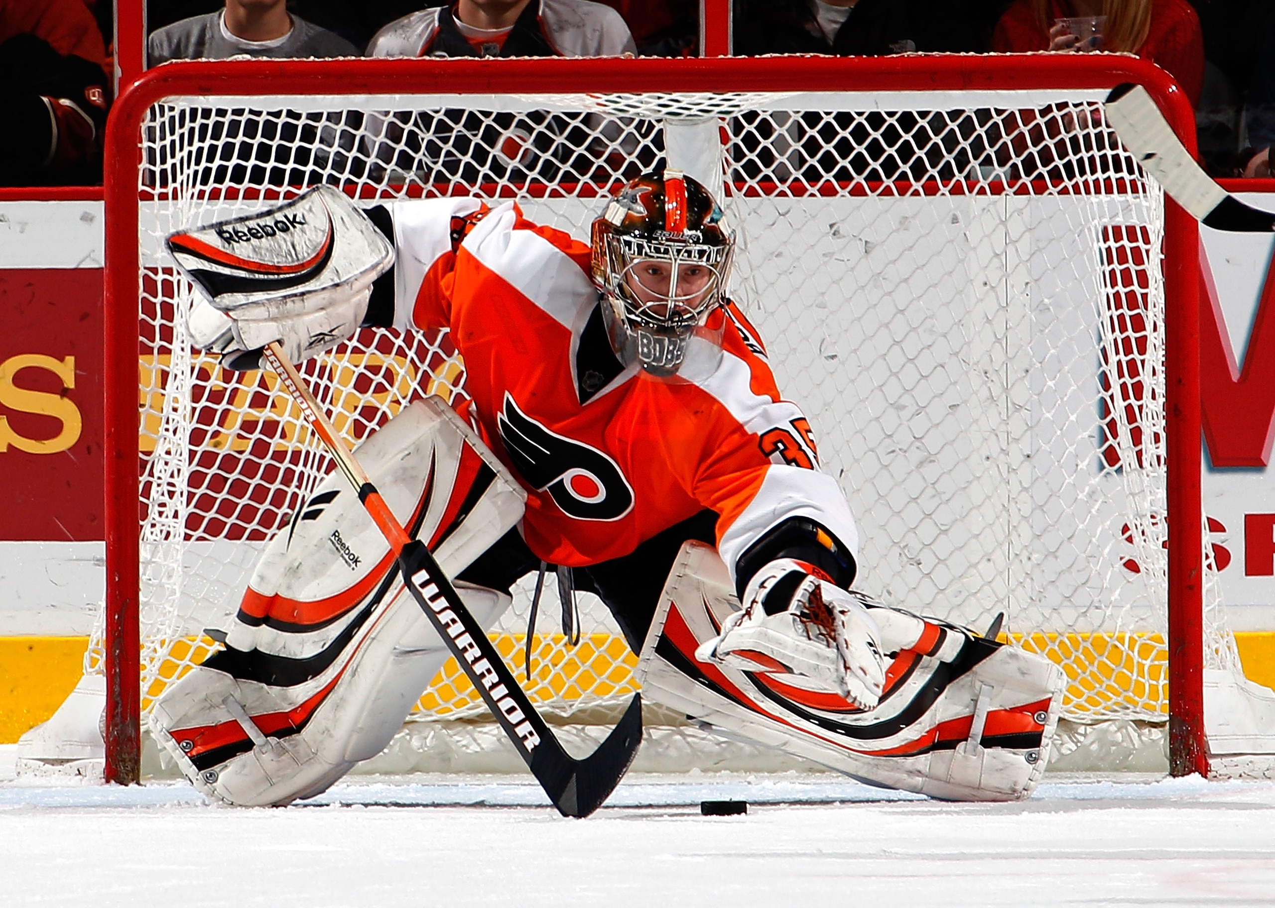 PHILADELPHIA, PA - FEBRUARY 03: Goalie Sergei Bobrovsky #35 of the Philadelphia Flyers reaches out to stop a shot by the Nashville Predators during the second period of an NHL hockey game at the Wells Fargo Center on February 3, 2011 in Philadelphia, Penn