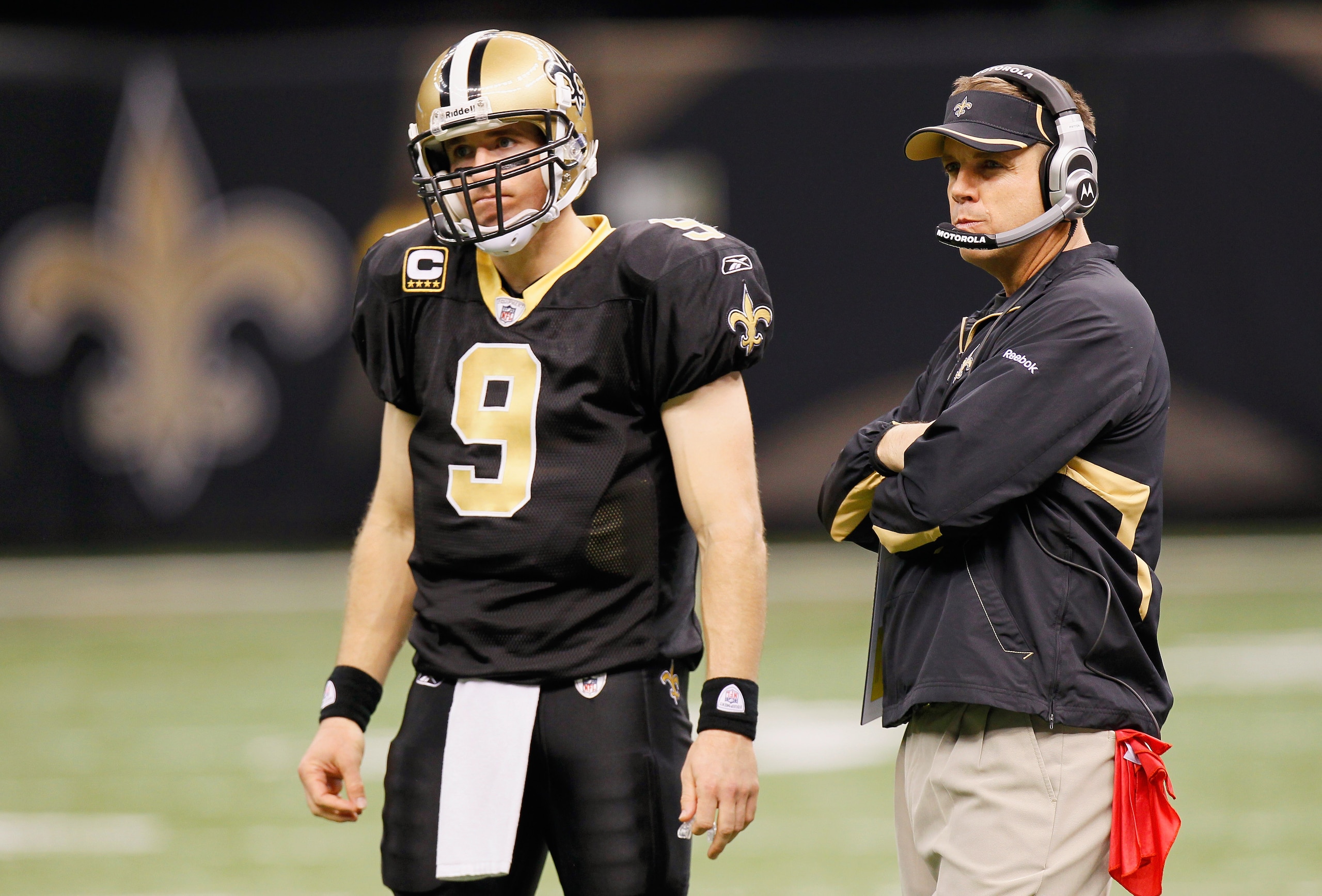 NEW ORLEANS - NOVEMBER 21:  Quarterback Drew Brees #9 and head coach Sean Payton of the New Orleans Saints wait for the call from a review against the Seattle Seahawks at Louisiana Superdome on November 21, 2010 in New Orleans, Louisiana.  (Photo by Kevin