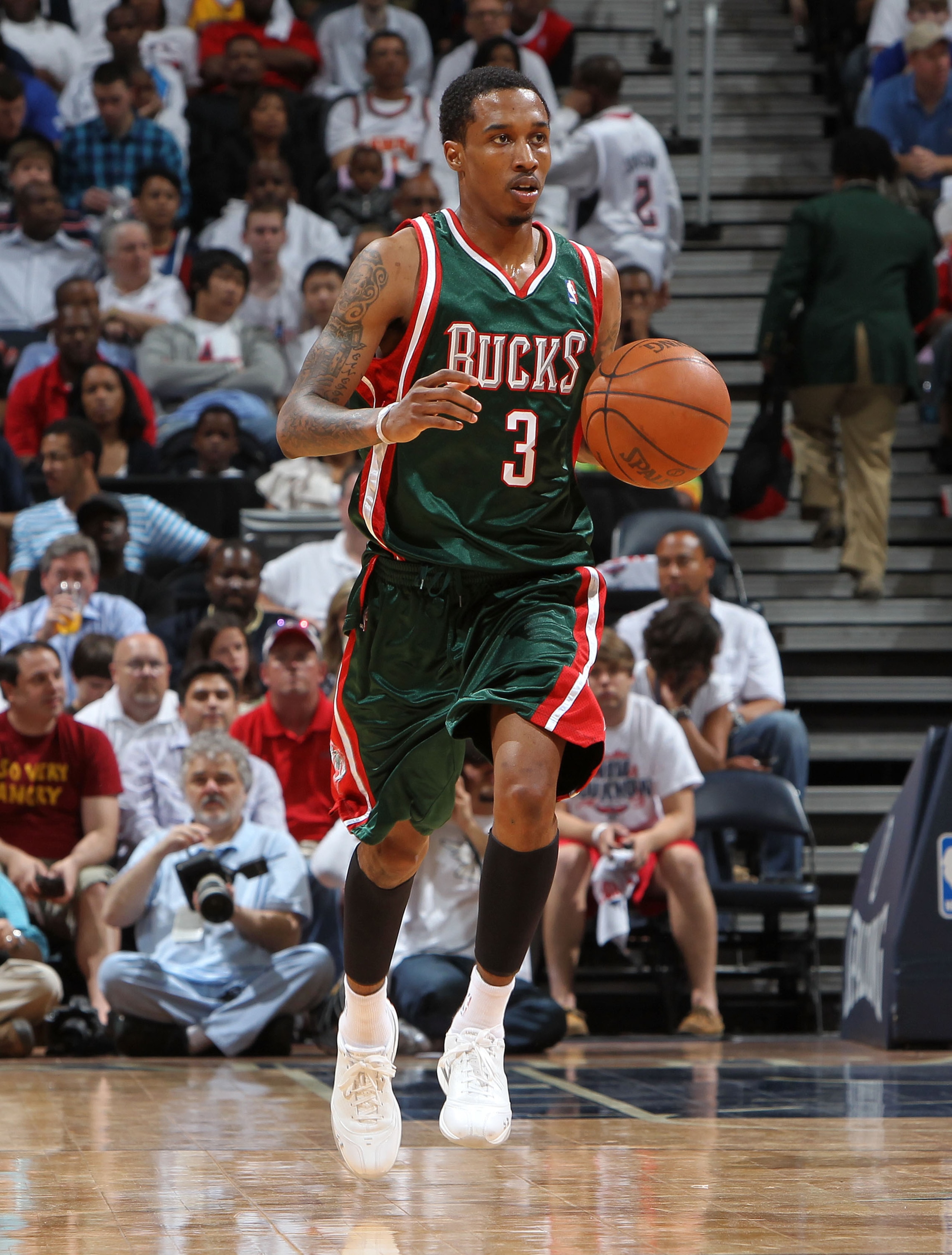 ATLANTA - MAY 2: Guard Brandon Jennings #3 of the Milwaukee Bucks dribbles with the ball during Game Seven of the Eastern Conference Quarterfinals between the Milwaukee Bucks and the Atlanta Hawks during the 2010 NBA Playoffs at Philips Arena on May 2, 2 ATLANTA - MAY 2: Guard Brandon Jennings #3 of the Milwaukee Bucks dribbles with the ball during Game Seven of the Eastern Conference Quarterfinals between the Milwaukee Bucks and the Atlanta Hawks during the 2010 NBA Playoffs at Philips Arena on May 2, 2