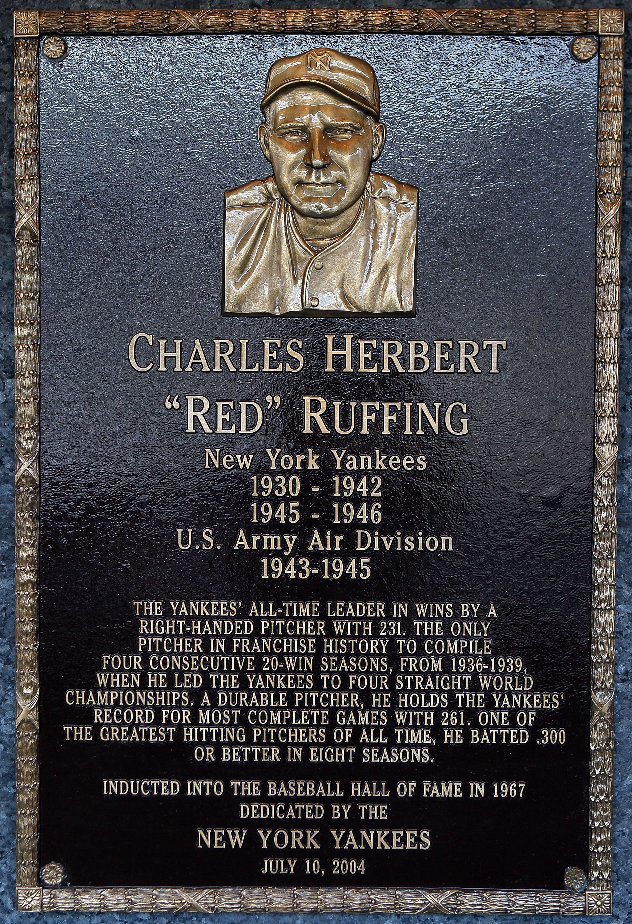 NEW YORK - MAY 02:  The plaque of Charles Ruffing is seen in Monument Park at Yankee Stadium prior to the game between the New York Yankees and the Chicago White Sox on May 2, 2010 in the Bronx borough of New York City. The Yankees defeated the White Sox