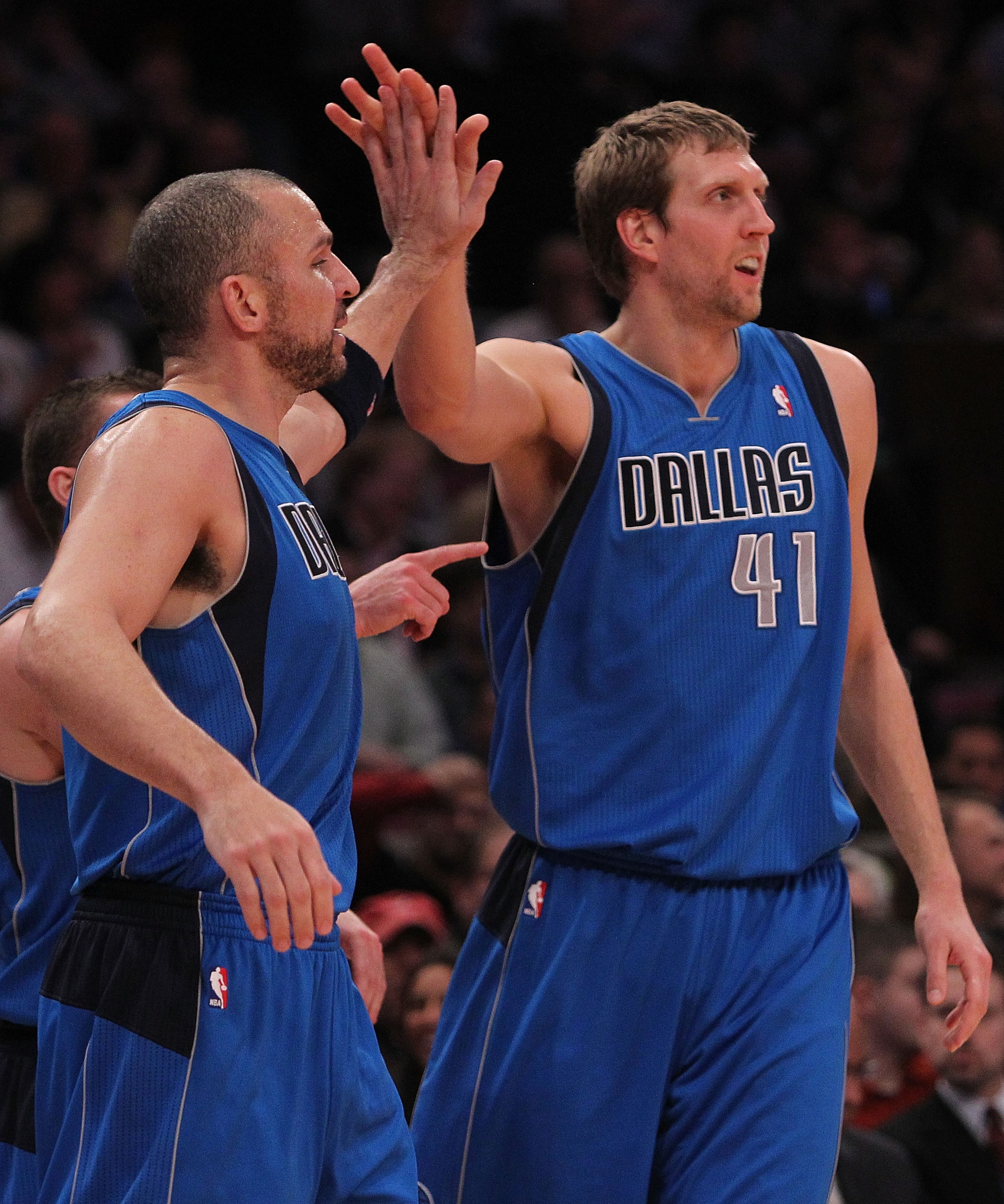 NEW YORK, NY - FEBRUARY 02: Jason Kidd #2 of the Dallas Mavericks high fives team mate Dirk Nowitzki #41 against the New York Knicks at Madison Square Garden on February 2, 2011 in New York City. NOTE TO USER: User expressly acknowledges and agrees that, NEW YORK, NY - FEBRUARY 02: Jason Kidd #2 of the Dallas Mavericks high fives team mate Dirk Nowitzki #41 against the New York Knicks at Madison Square Garden on February 2, 2011 in New York City. NOTE TO USER: User expressly acknowledges and agrees that,