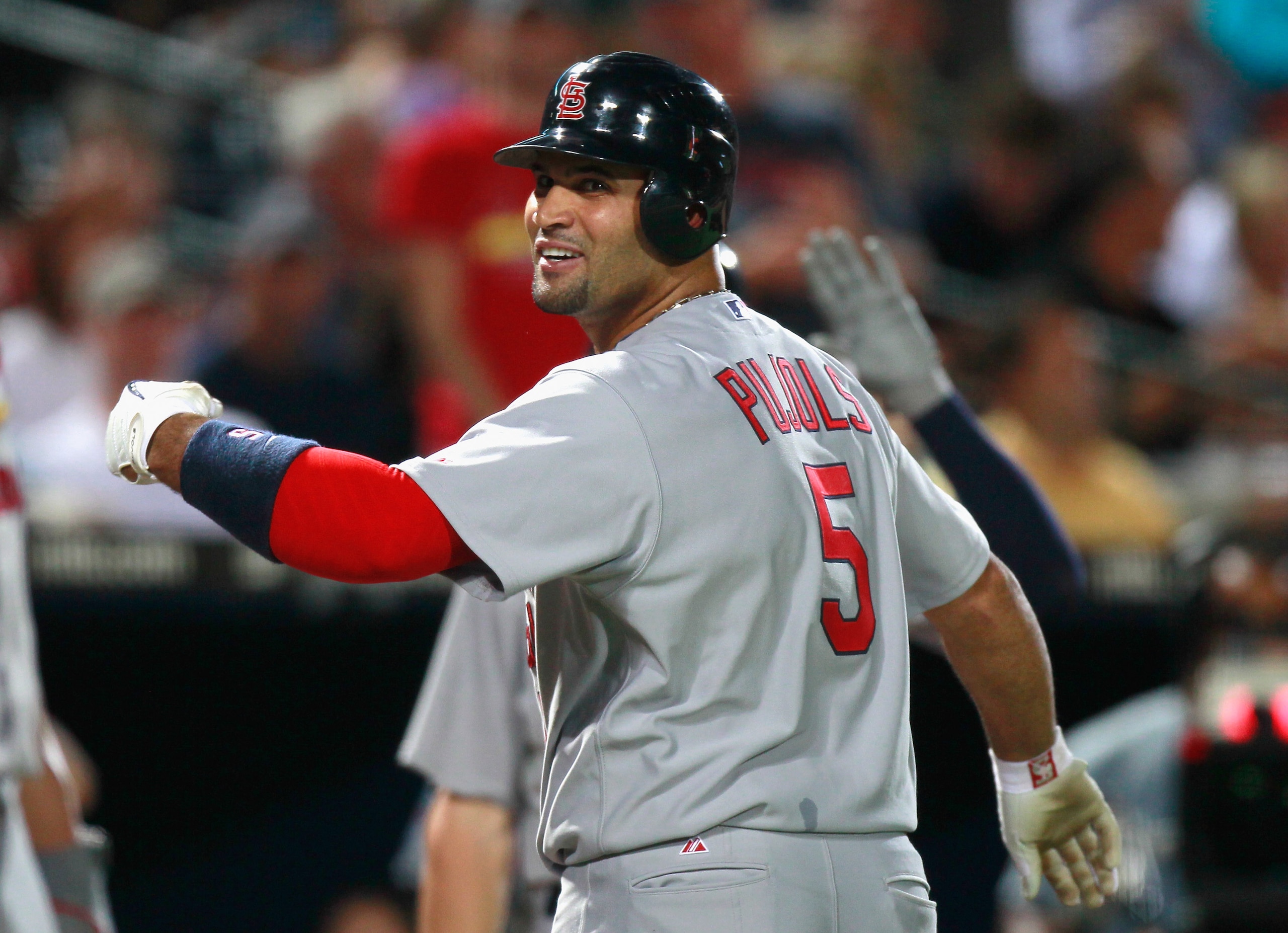 ATLANTA - SEPTEMBER 09:  Albert Pujols #5 of the St. Louis Cardinals against the Atlanta Braves at Turner Field on September 9, 2010 in Atlanta, Georgia.  (Photo by Kevin C. Cox/Getty Images)