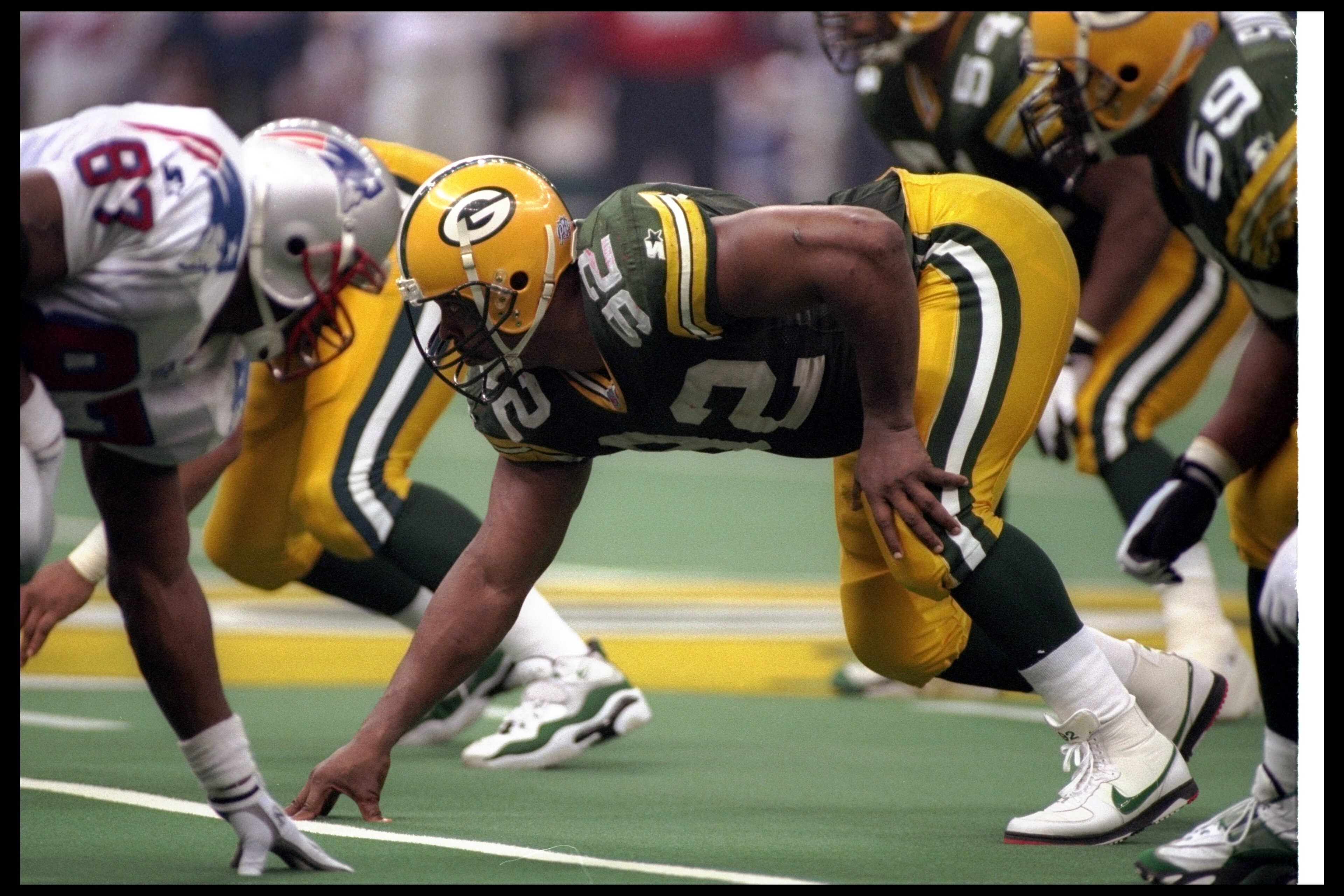 26 Jan 1997: Defensive lineman Reggie White of the Green Bay Packers looks on from his stance during Super Bowl XXXI against the New England Patriots at the Superdome in New Orleans, Louisiana. The Packers won the game, 35-21. Mandatory Credit: Rick Ste 26 Jan 1997: Defensive lineman Reggie White of the Green Bay Packers looks on from his stance during Super Bowl XXXI against the New England Patriots at the Superdome in New Orleans, Louisiana. The Packers won the game, 35-21. Mandatory Credit: Rick Ste