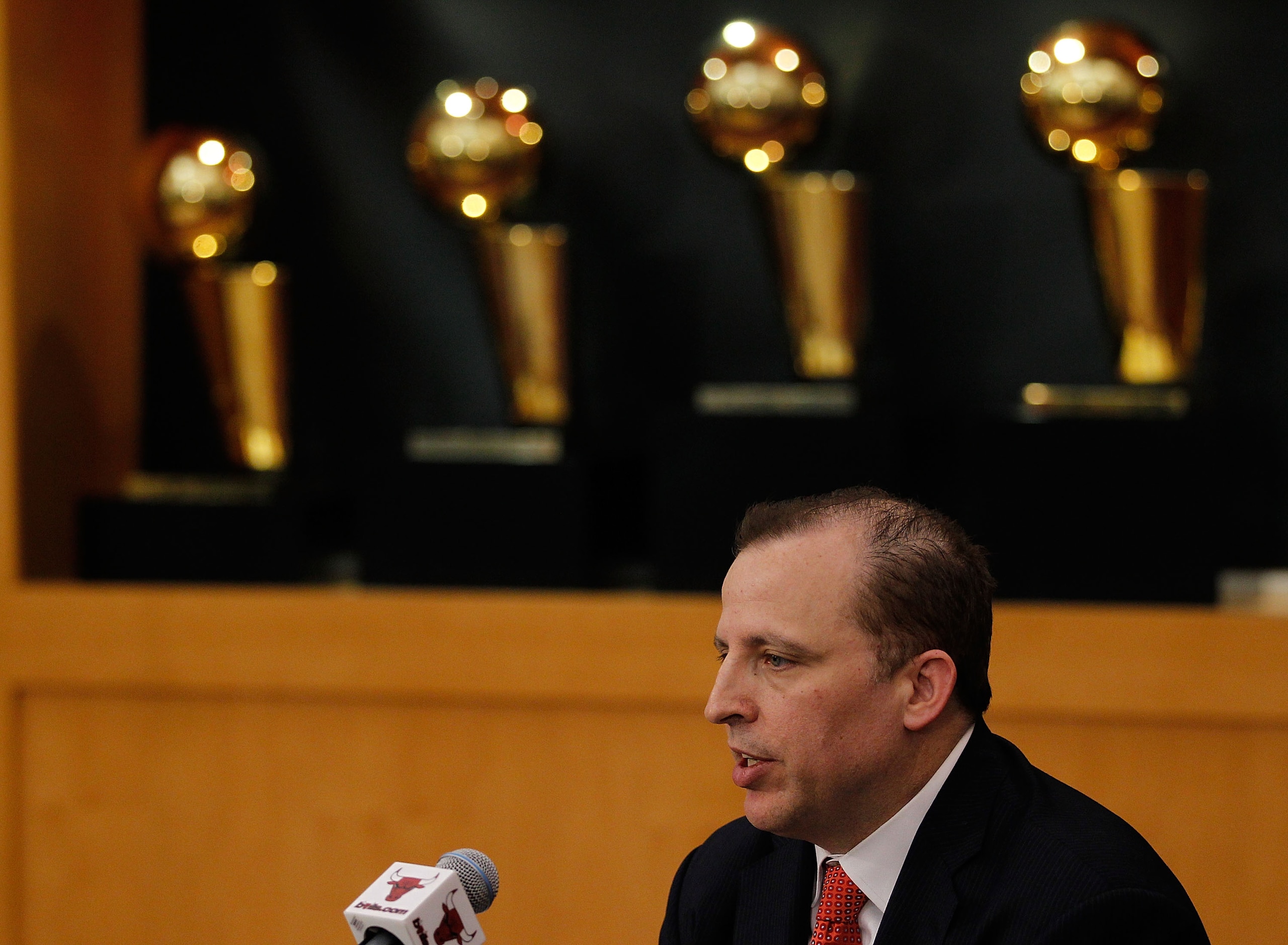 DEERFIELD, IL - JUNE 23: Tom Thibodeau, the new head coach of the Chicago Bulls, speaks during a press conference at the Berto Center practice facility on June 23, 2010 in Deerfield, Illinois. NOTE TO USER: User expressly acknowledges and agrees that, by