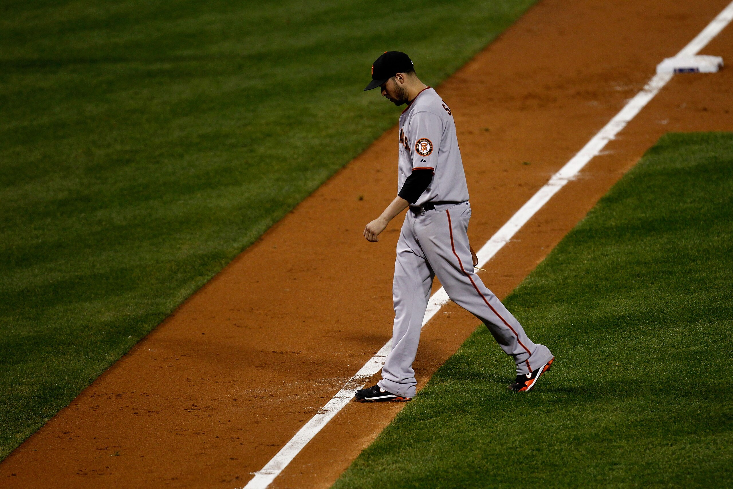 PHILADELPHIA - OCTOBER 23:  Jonathan Sanchez #57 of the San Francisco Giants comes out of the game in the third inning against the Philadelphia Phillies in Game Six of the NLCS during the 2010 MLB Playoffs at Citizens Bank Park on October 23, 2010 in Phil