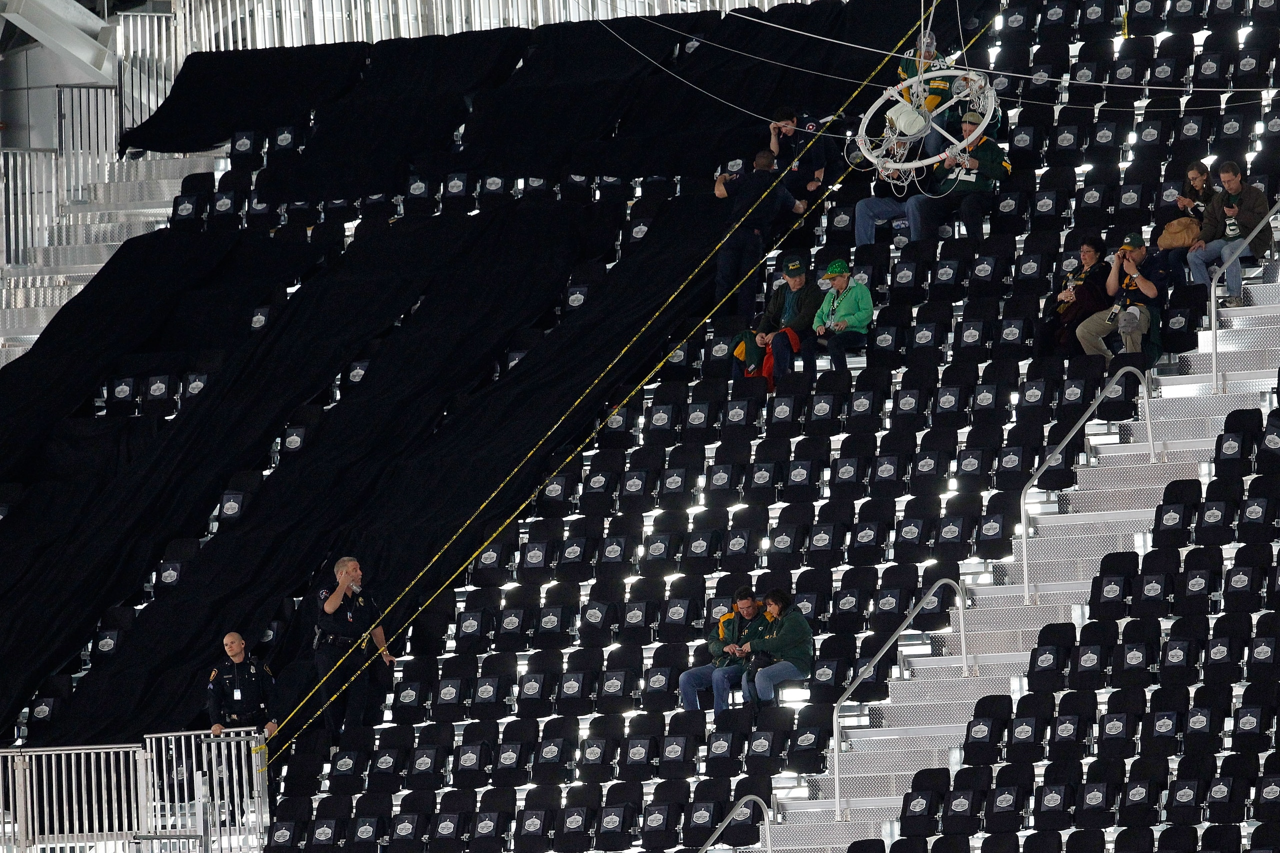 ARLINGTON, TX - FEBRUARY 06:  Some of the 400 temporary seats that will no longer be used since they were not complete are marked off before the Pittsburgh Steelers play against the Green Bay Packers during Super Bowl XLV at Cowboys Stadium on February 6,