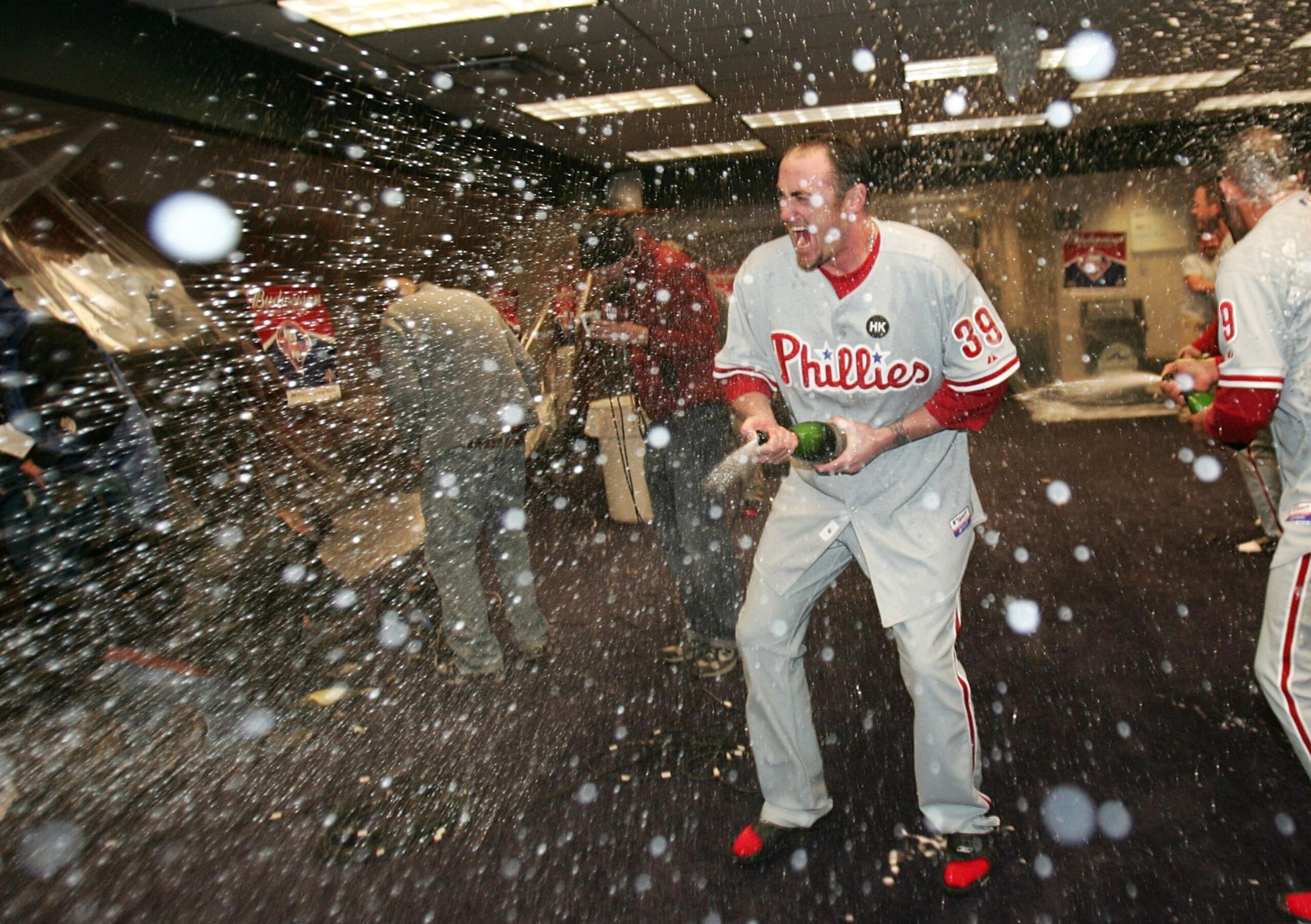 DENVER - OCTOBER 12:  Brett Myers #39 of the Philadelphia Phillies sprays champagne in the locker room after the victory against the Colorado Rockies in Game Four of the NLDS during the 2009 MLB Playoffs at Coors Field on October 12, 2009 in Denver, Color