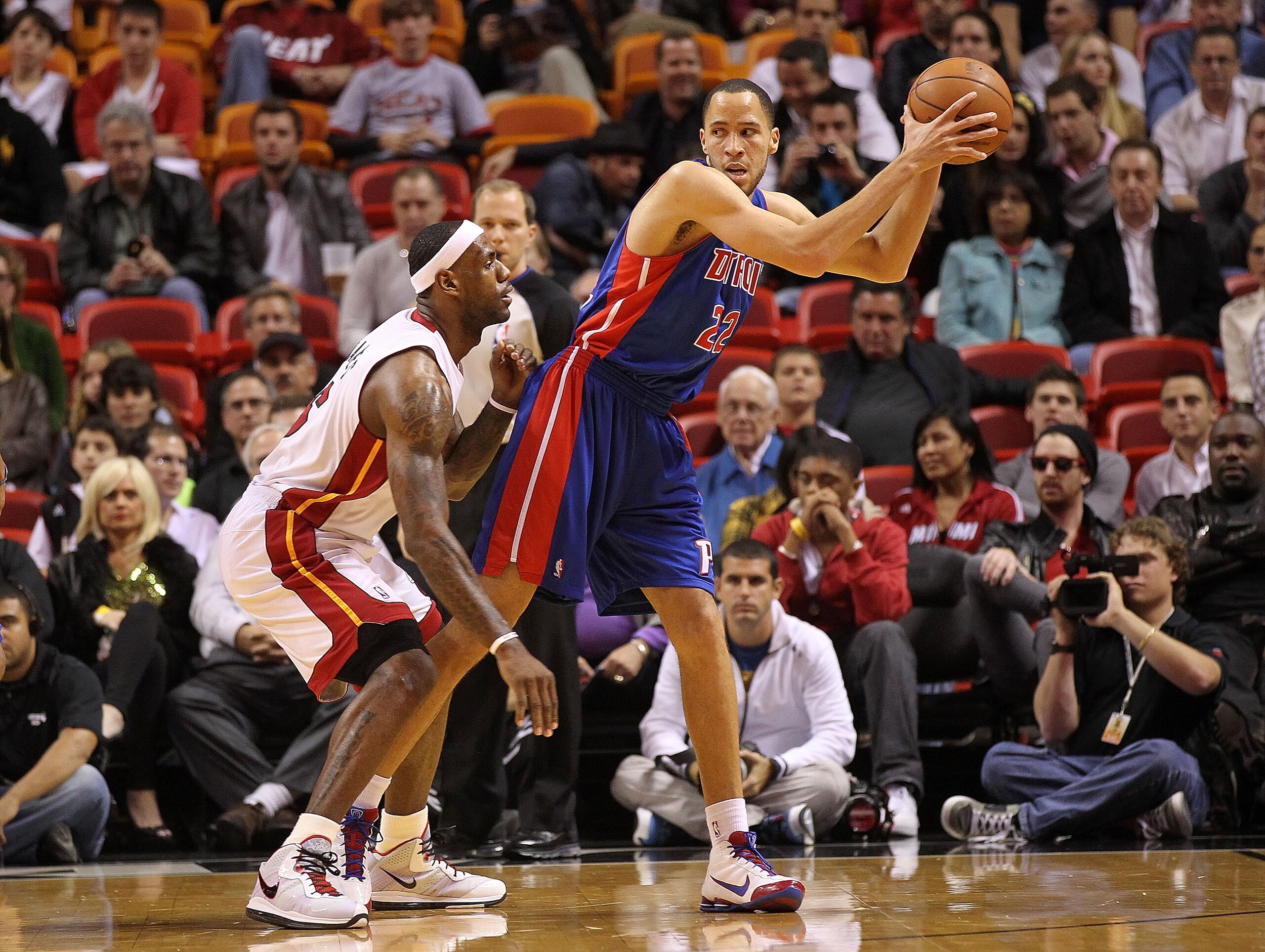 MIAMI, FL - JANUARY 28:  Tayshaun Prince #22 of of the Detroit Pistons posts up LeBron James #6 of the Miami Heat during a game at American Airlines Arena on January 28, 2011 in Miami, Florida. NOTE TO USER: User expressly acknowledges and agrees that, by