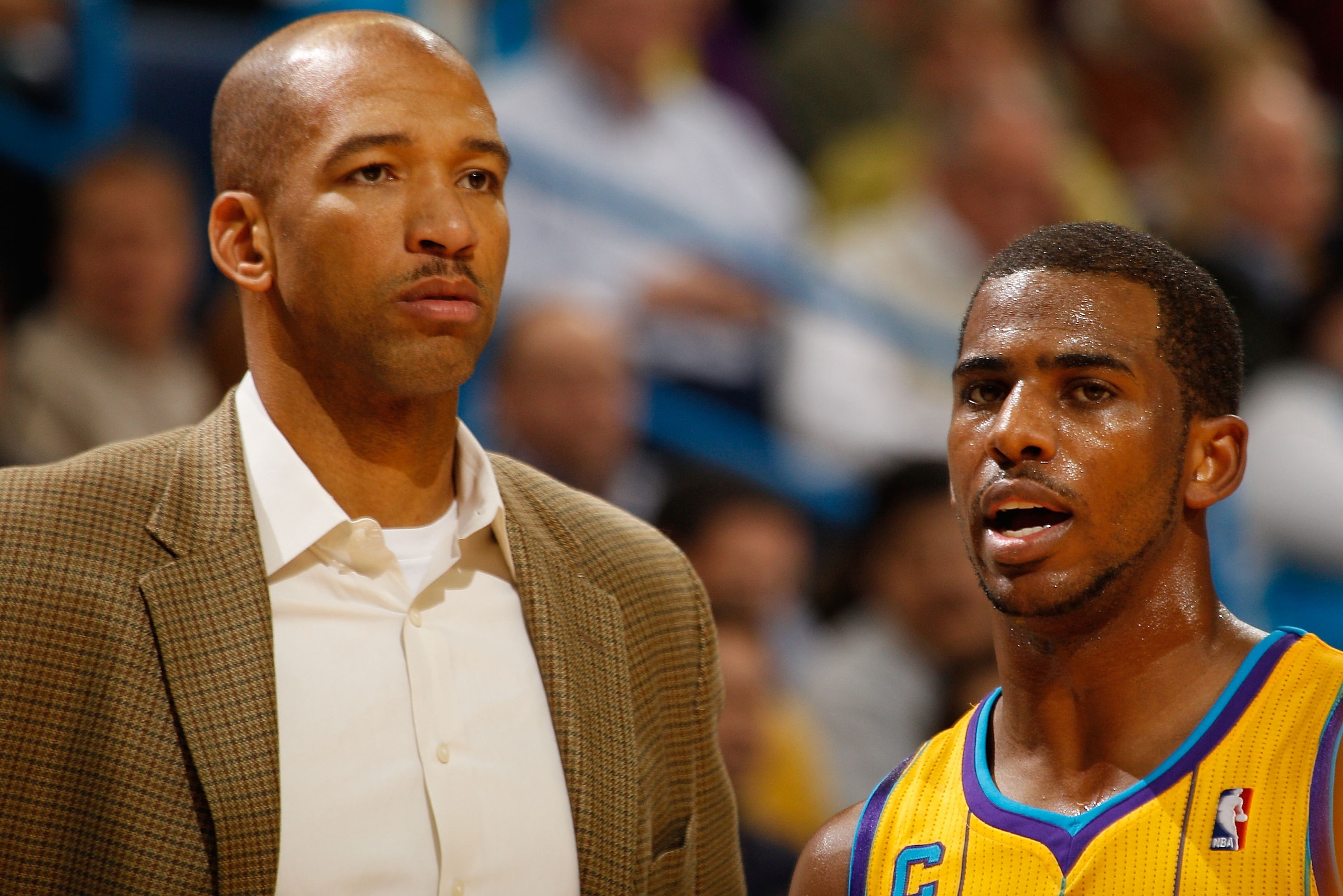 NEW ORLEANS, LA - JANUARY 22: Head coach Monty Williams talks with Chris Paul #3 of the New Orleans Hornets during the game against the San Antonio Spurs at the New Orleans Arena on January 22, 2011 in New Orleans, Louisiana. The Hornets defeated the Sp NEW ORLEANS, LA - JANUARY 22: Head coach Monty Williams talks with Chris Paul #3 of the New Orleans Hornets during the game against the San Antonio Spurs at the New Orleans Arena on January 22, 2011 in New Orleans, Louisiana. The Hornets defeated the Sp